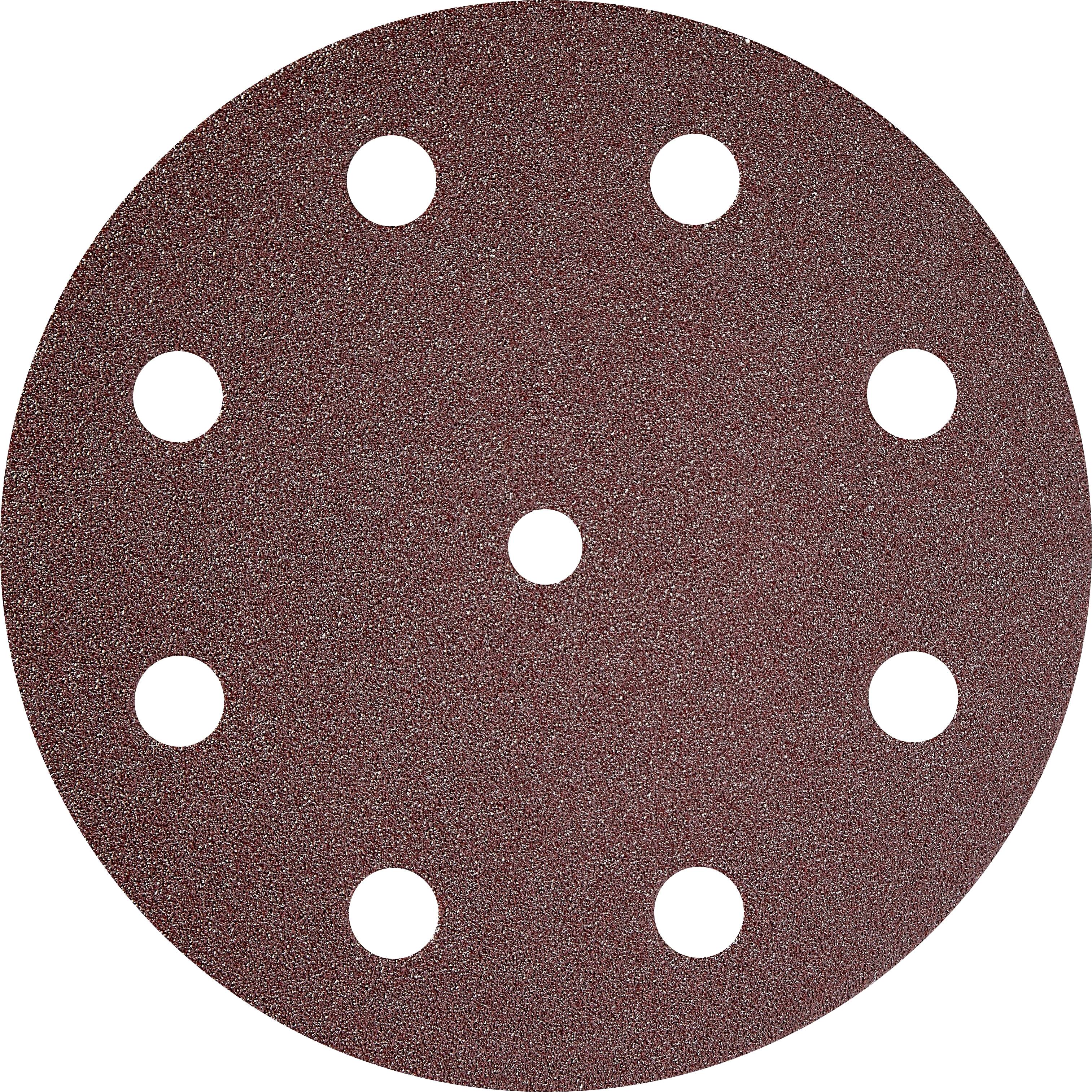 A round sandpaper disc with eight evenly spaced holes, used for smoothing surfaces, appears against a white background.