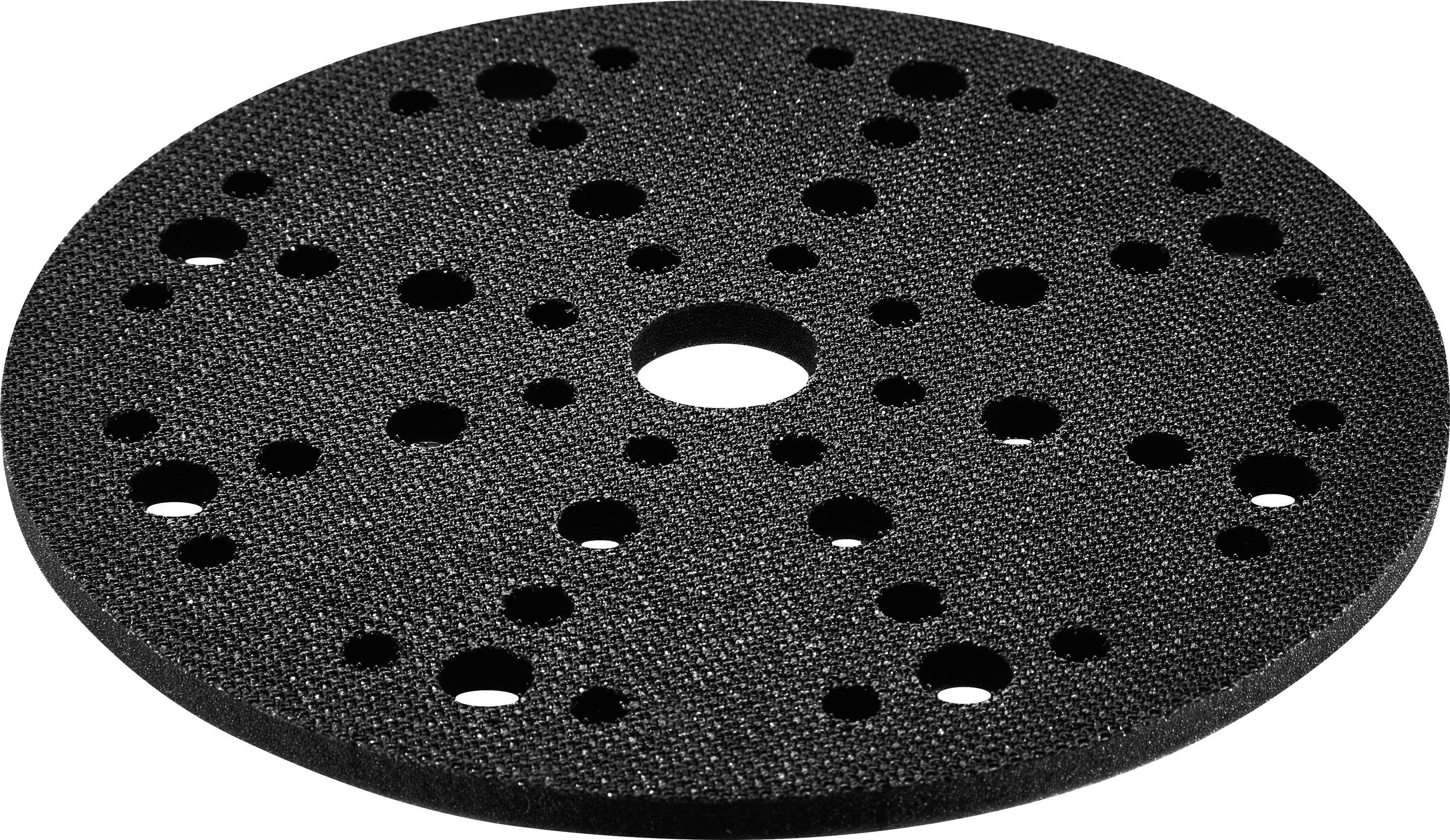 A round black sanding pad with multiple holes of varying sizes, used for attachment to power sanders.