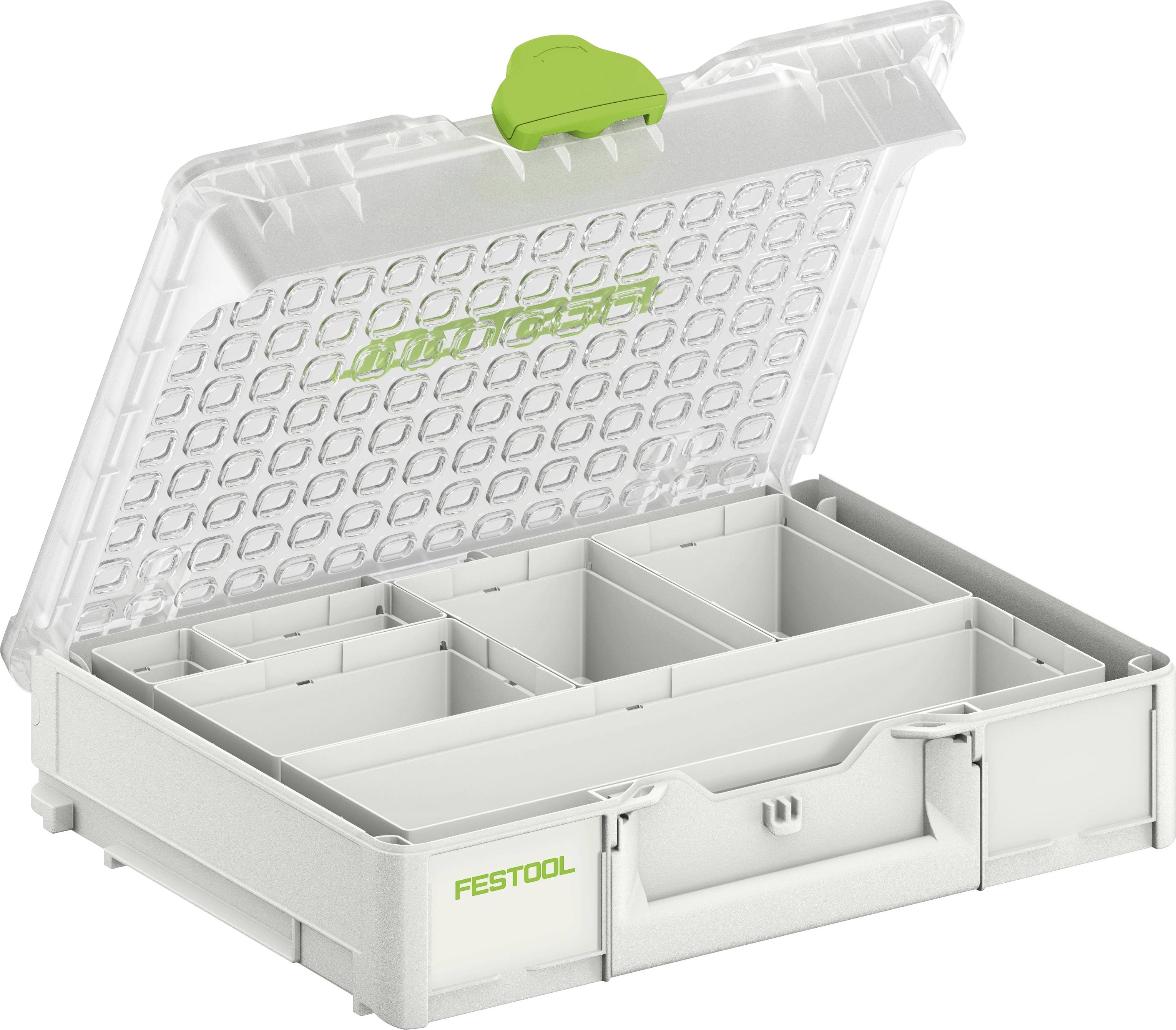 A white and clear plastic storage organizer with multiple compartments, open lid, and green handle. Suitable for tools or small items.