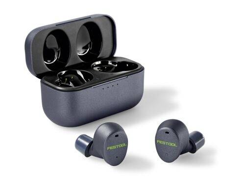 Wireless earbuds with a black charging case. The earbuds have 'FESTOOL' in green and are designed for portable use.