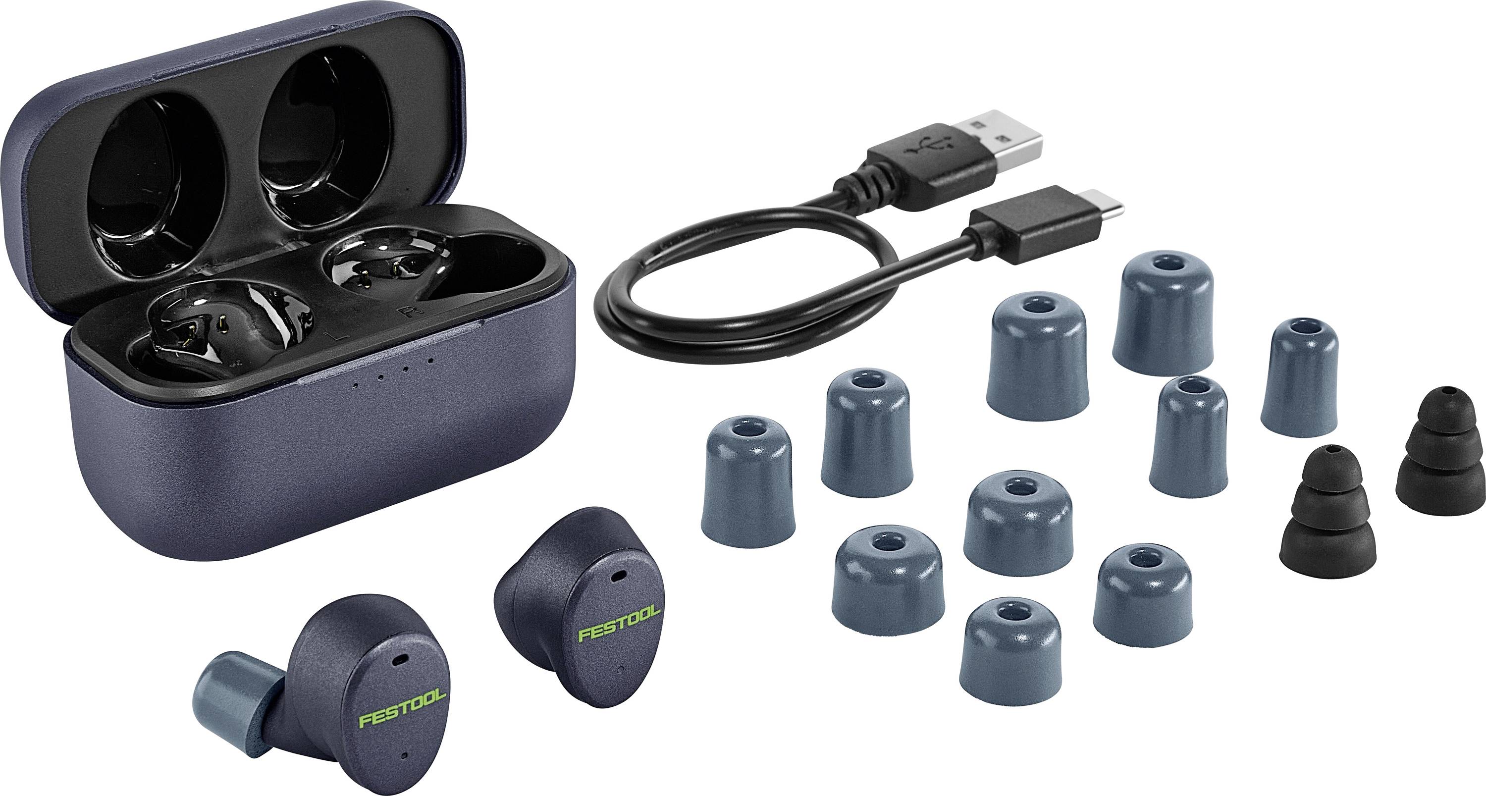 Wireless earbuds with charging case, USB-C cable, multiple ear tips of varying sizes and materials for customized fit.