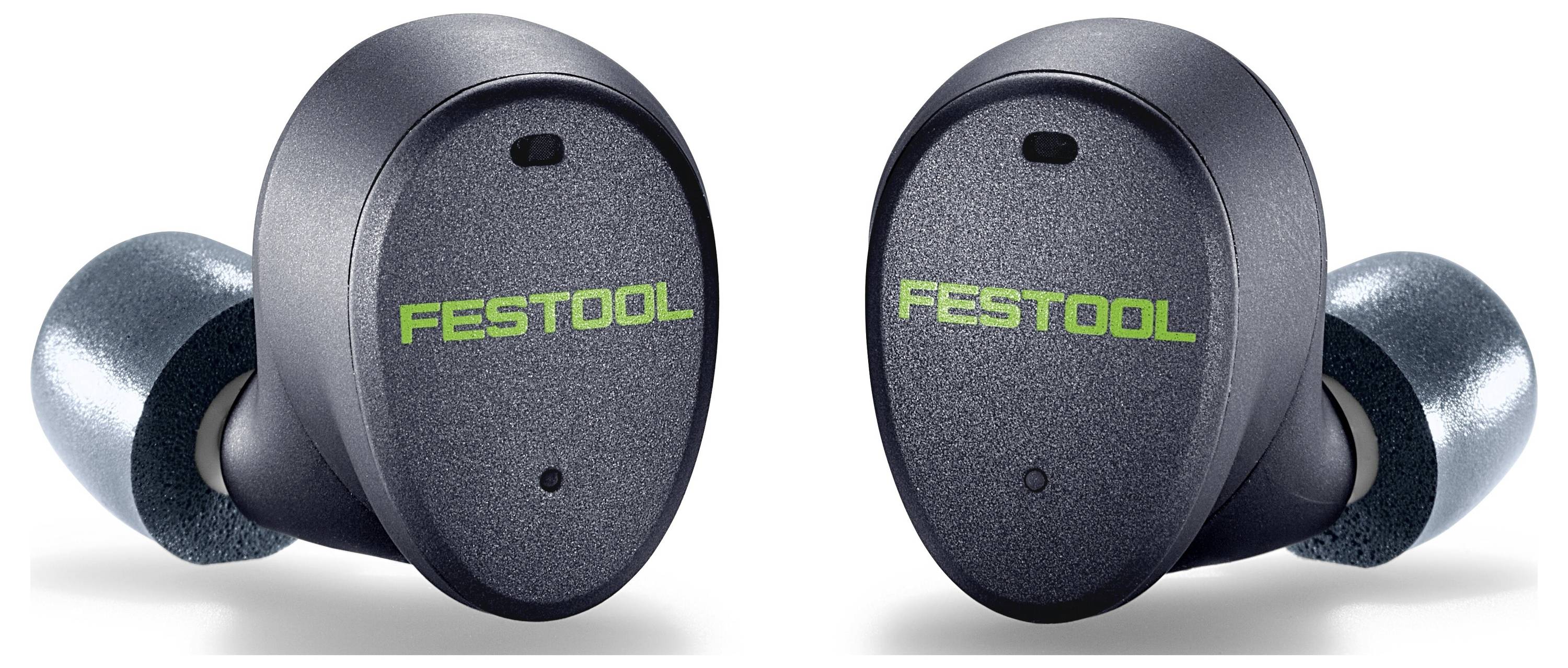 Two black Festool earbuds are displayed side by side, featuring a sleek design with green 'FESTOOL' branding on each earbud.