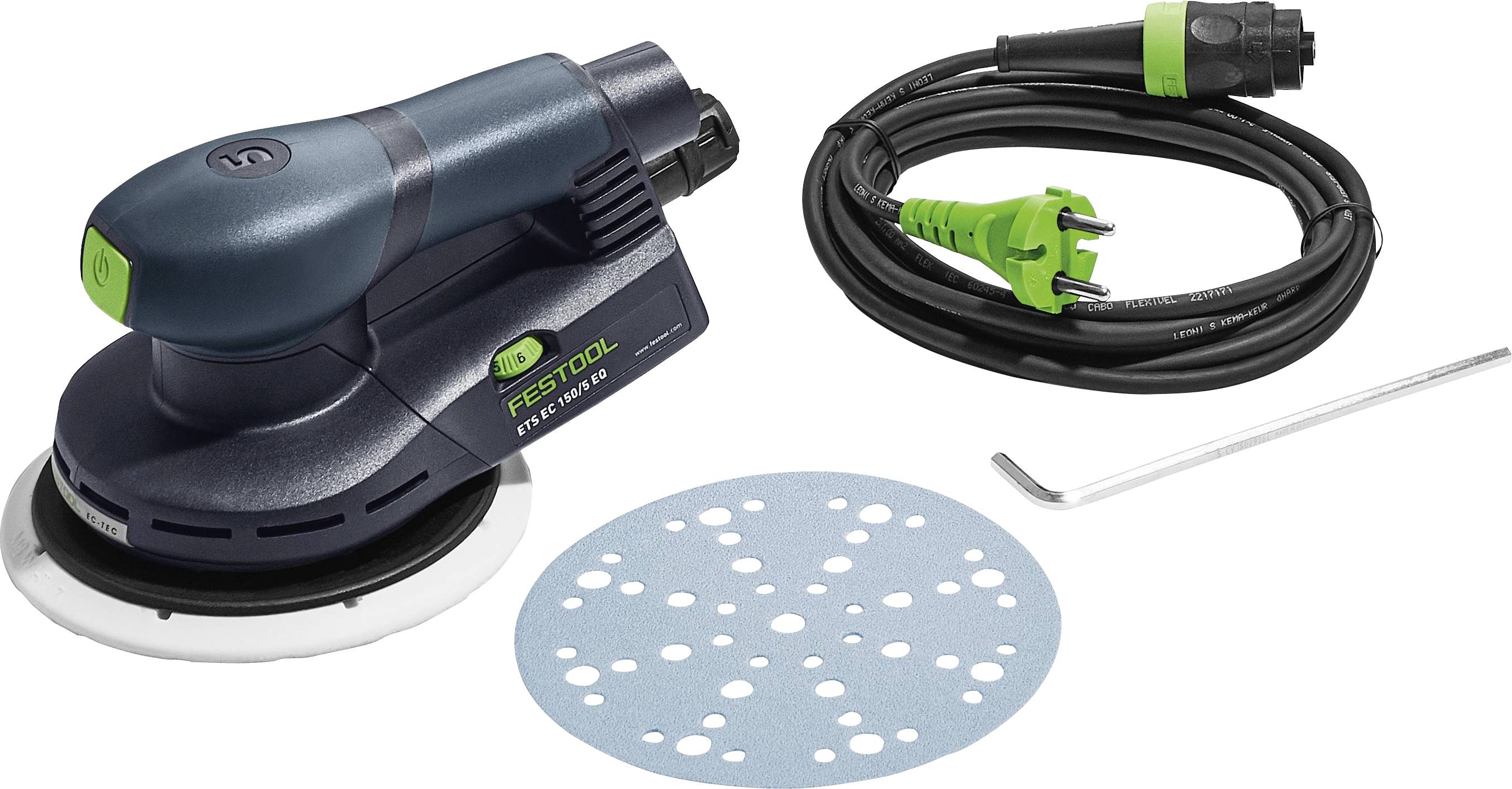 A compact electric sander with a black and green design, accompanied by a power cable, an abrasive disc, and an Allen wrench for assembly.