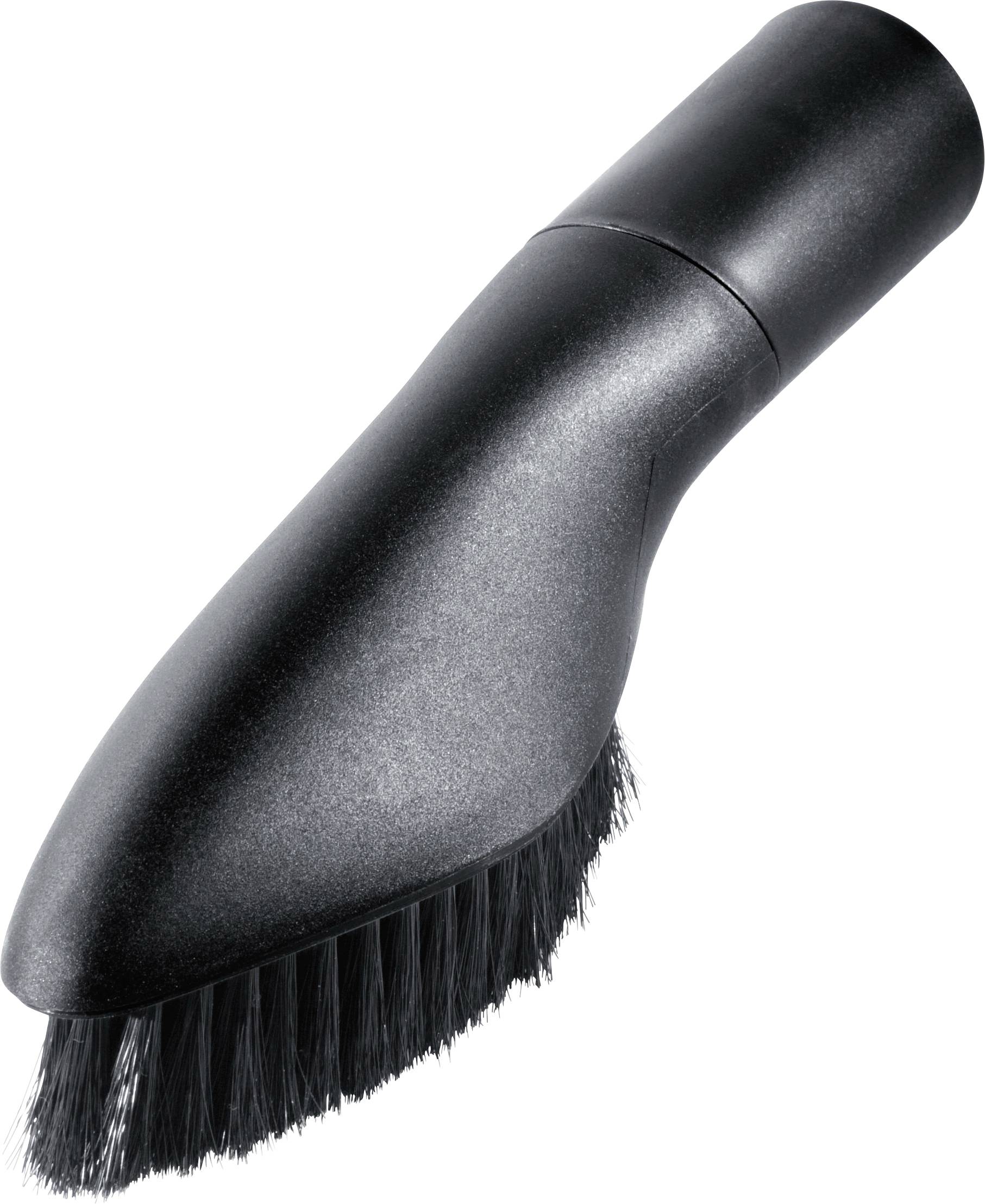 A black vacuum cleaner attachment with bristles, designed for cleaning surfaces like upholstery or car interiors.