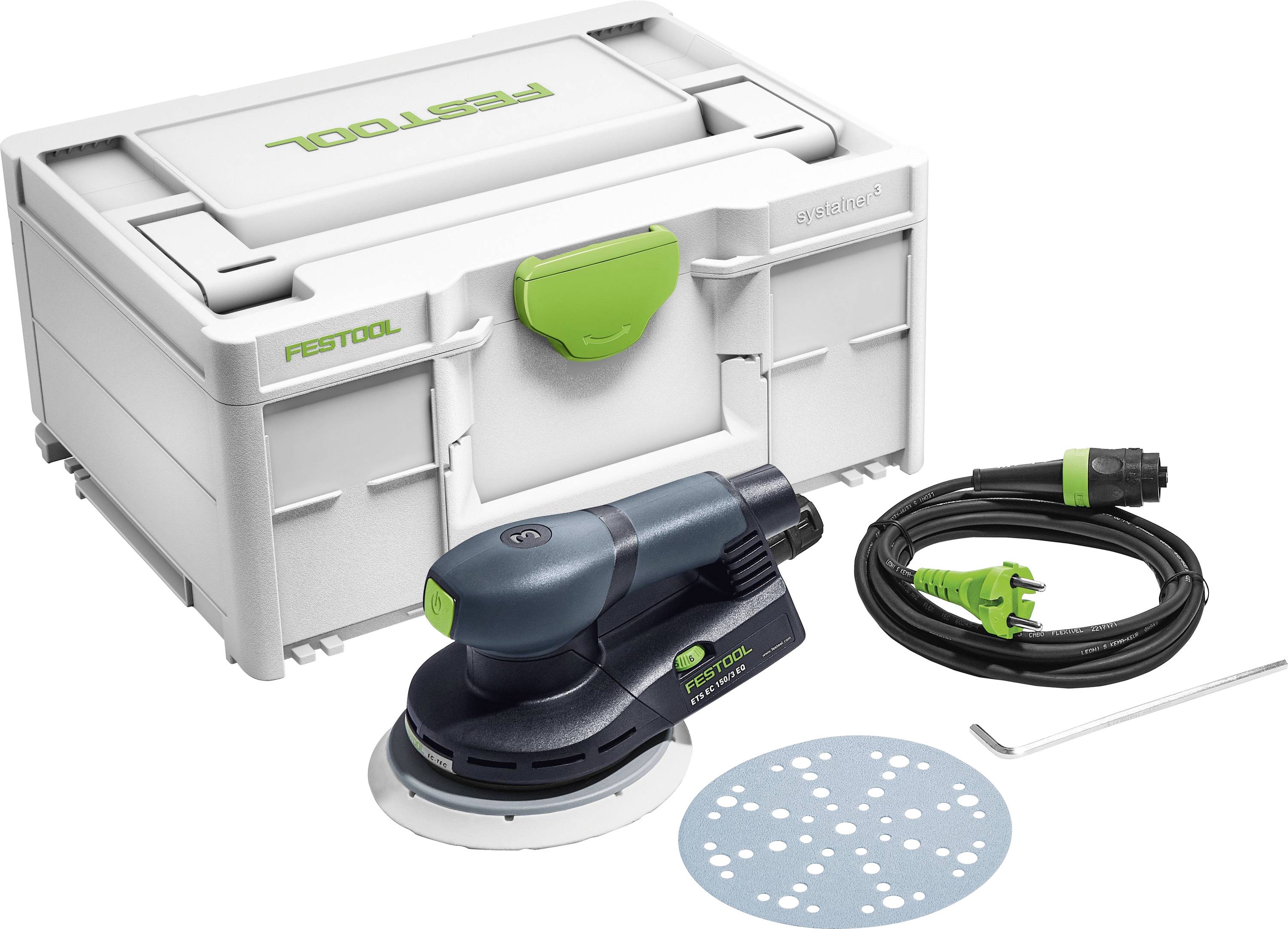 A Festool orbital sander set includes a sander, a power cord, a white carrying case, a sanding disc, and a hex key for assembly.