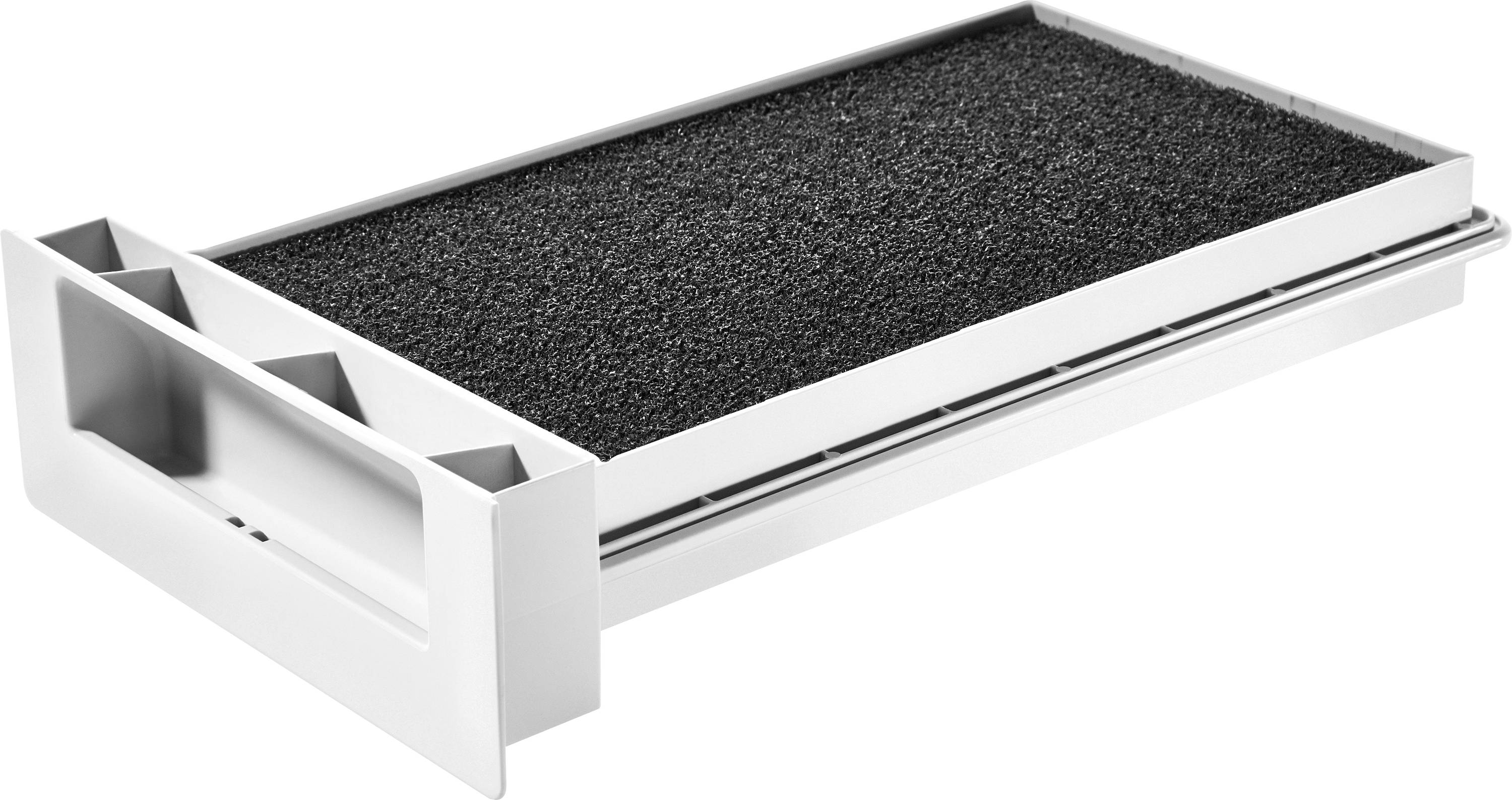 A rectangular air filter with a black, textured surface and a white frame is shown in a horizontal orientation.