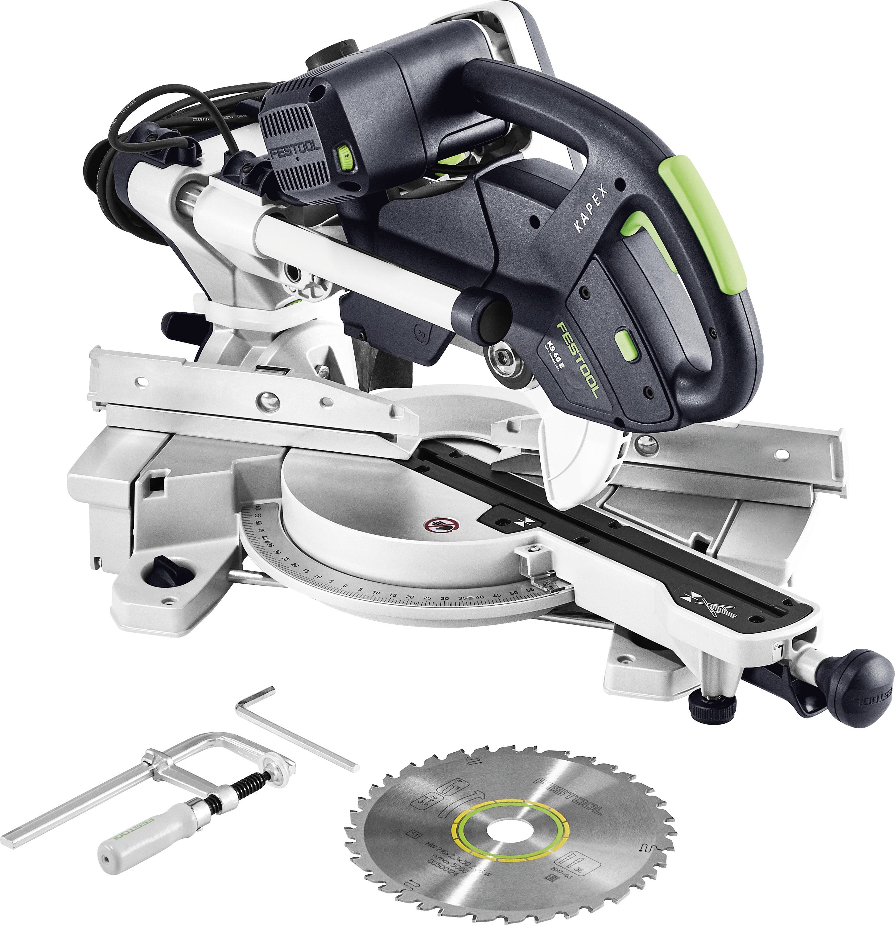 A compound miter saw with a laser guide, adjustable base, and included blade, shown alongside a clamp and spare blade.