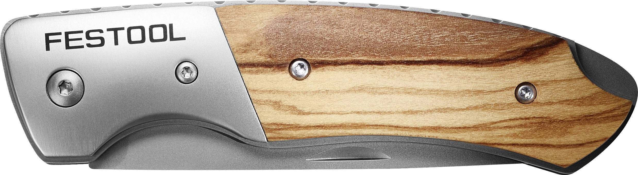 A folding pocket knife with a wooden handle and metal side, engraved with 'FESTOOL' on the metal part.