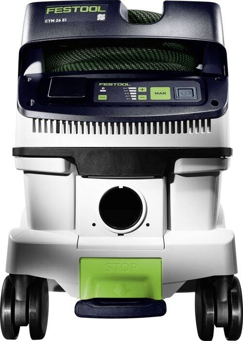 'Festool CTM 26 E' vacuum cleaner with control panel, hose storage, and wheeled base for mobility. Designed for dust extraction.