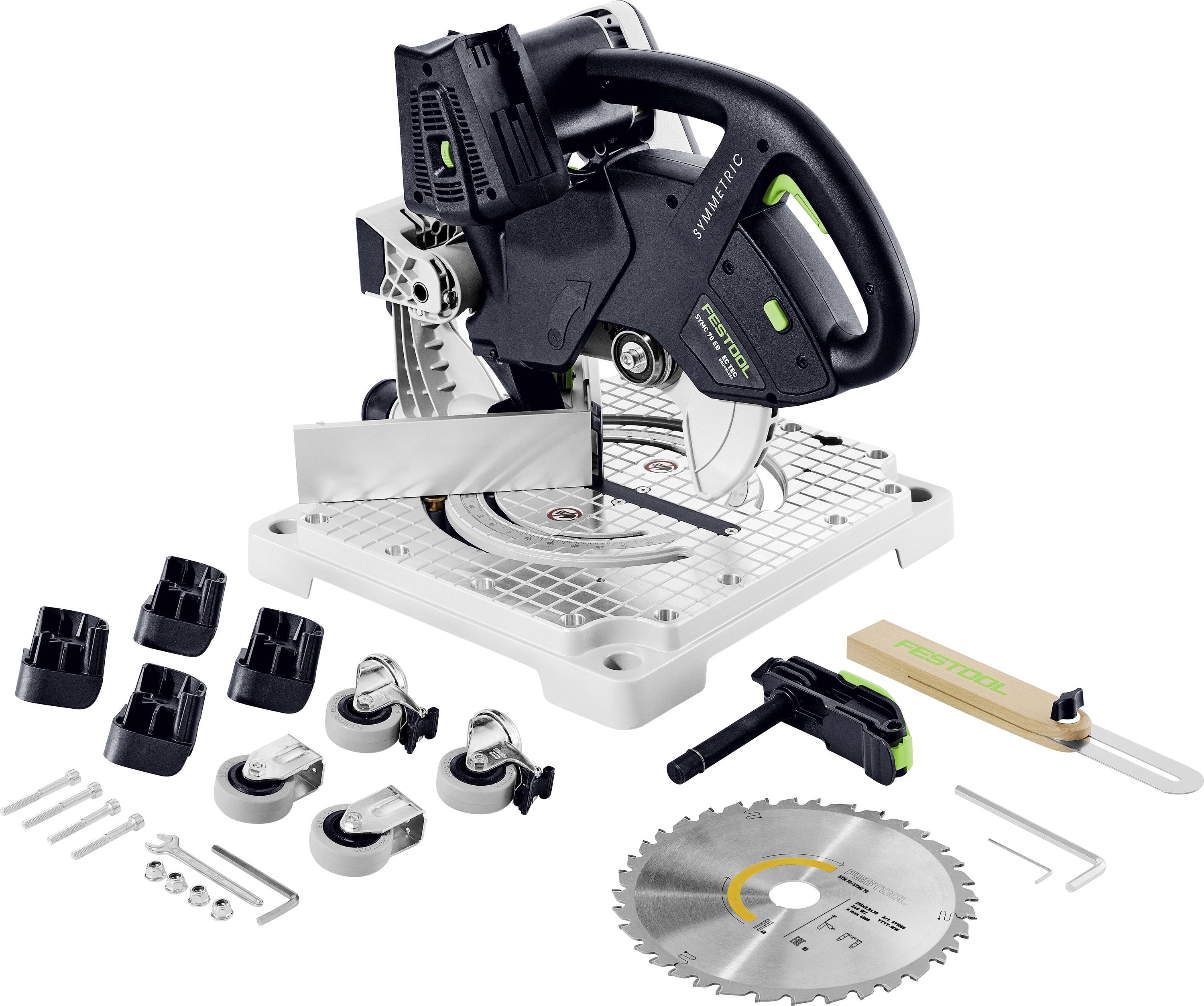 A circular saw kit with a cutting board, multiple blades, clamps, and wrenches laid out. The main saw is black and green with a handle.