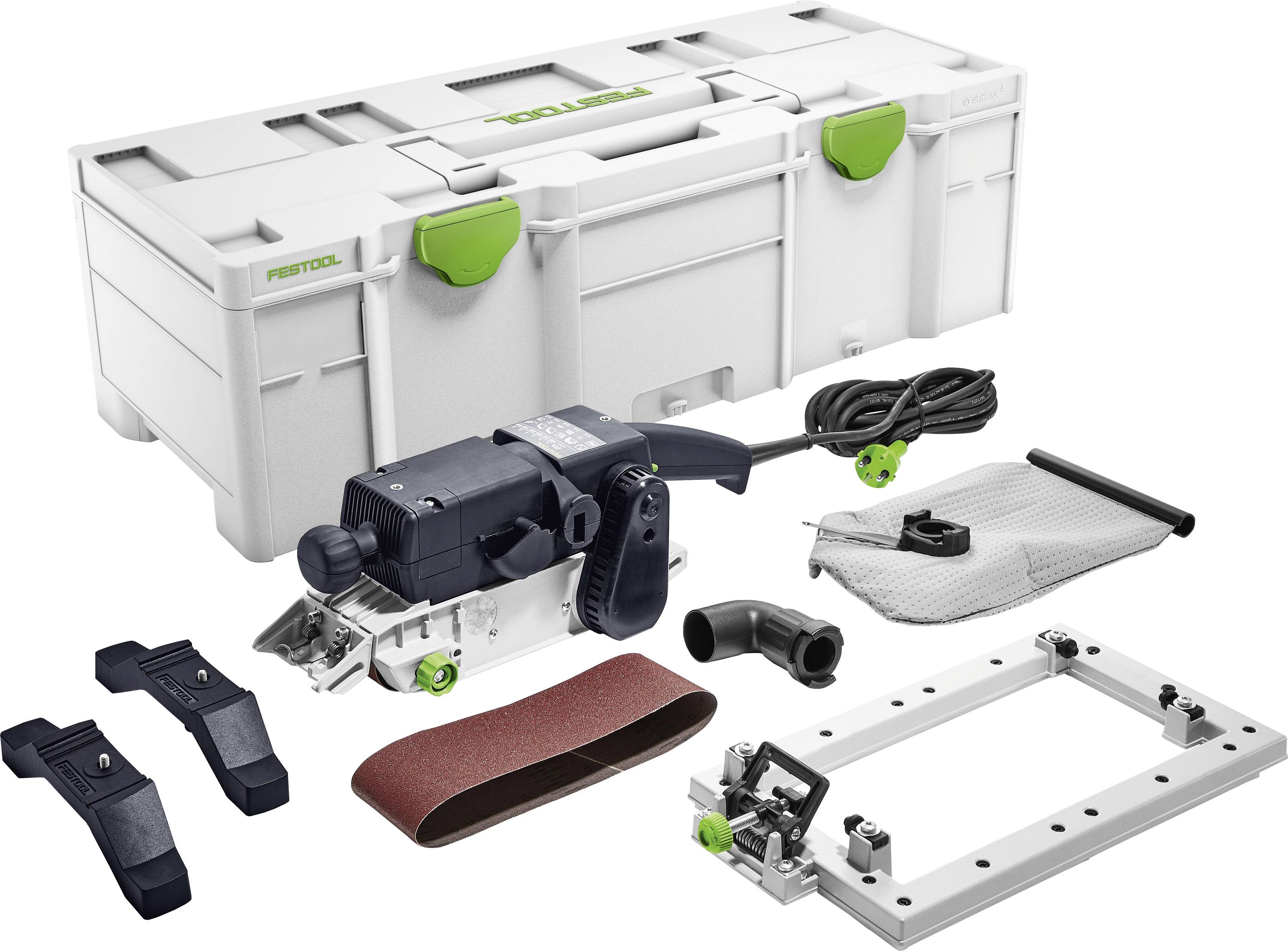 A Festool planer with accessories including a sanding belt, dust bag, hose, and carrying case. Suitable for woodworking and carpentry tasks.