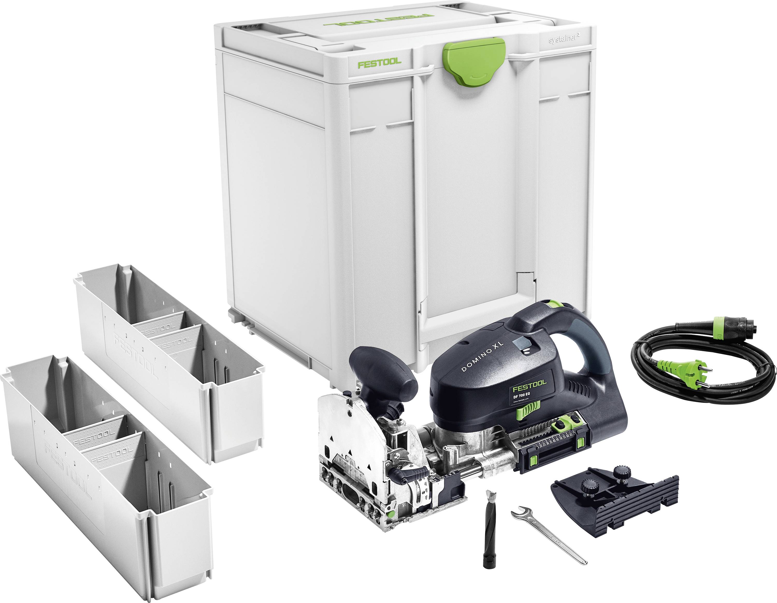 Festool tool set with a power tool, cable, two storage bins, and a toolbox. Includes a wrench and guide, suitable for woodworking tasks.