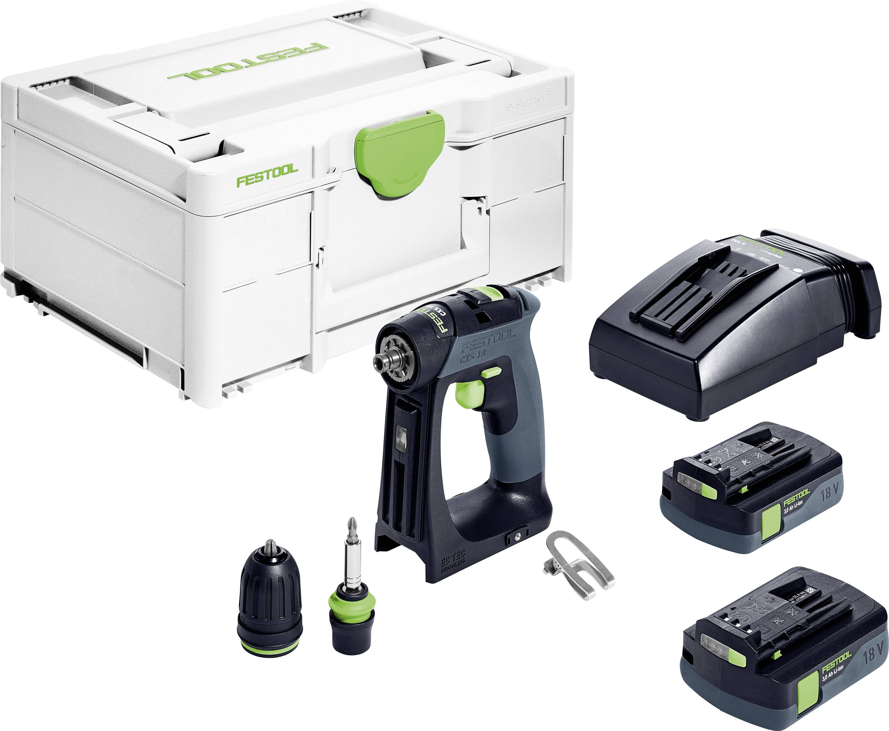 A compact drill set featuring a drill, two battery packs, a charger, and a carrying case. Accessories include drill bits and a belt hook.