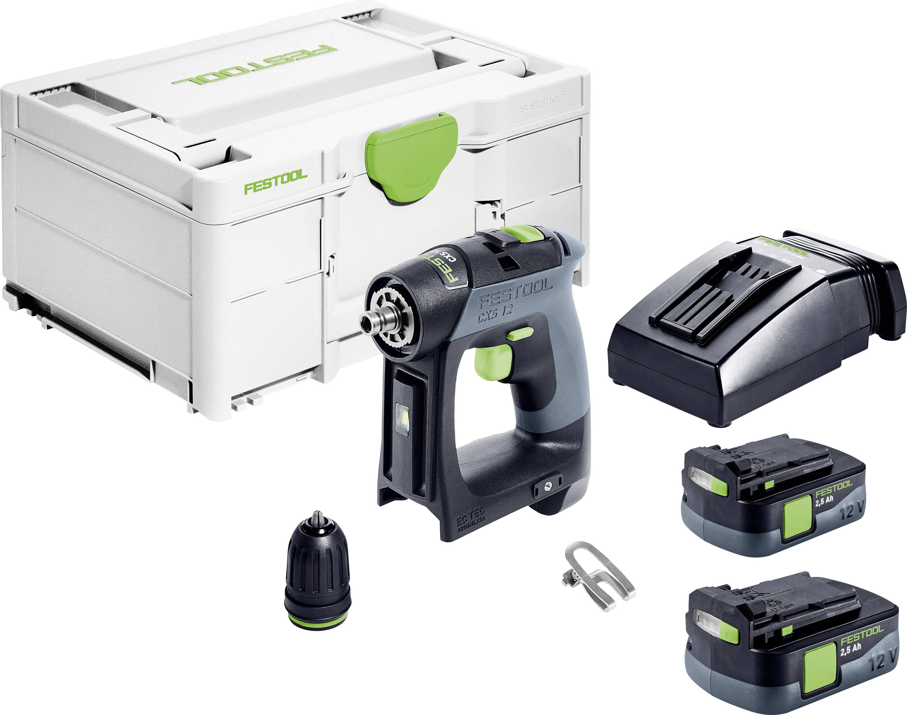 Cordless drill set with two batteries, charger, drill bit, and carrying case, brand name 'Festool' visible on drill and case.