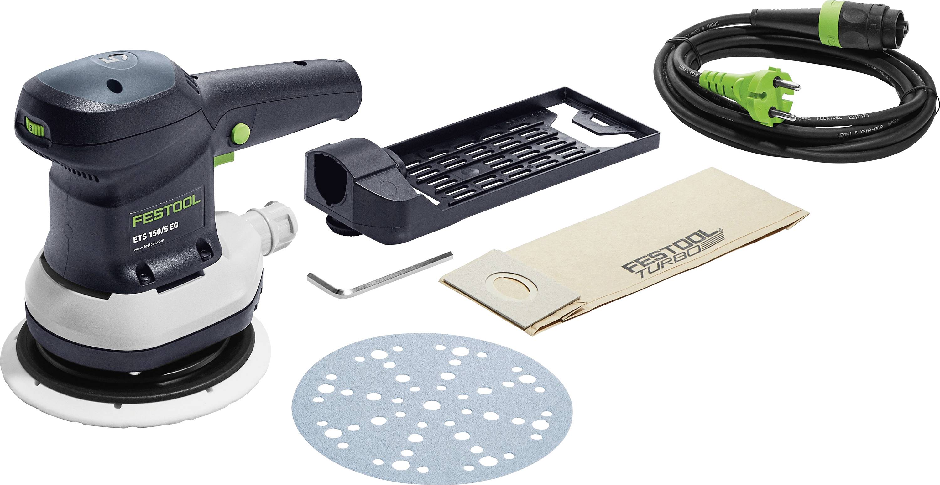 A Festool ETS 125 REQ-Plus random orbital sander with dust bag, power cord, sanding pad, tool tray, and hex key displayed.