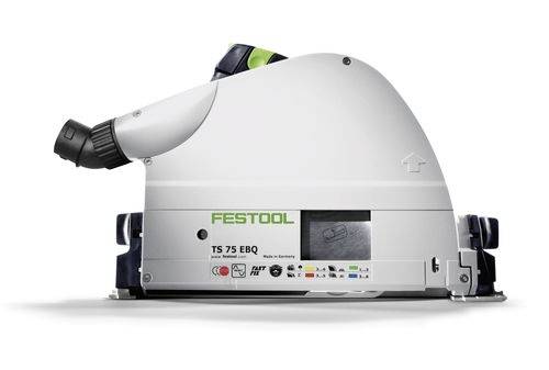 A Festool TS 75 EBQ circular saw in side view, emphasizing its compact design, handle, and control buttons.