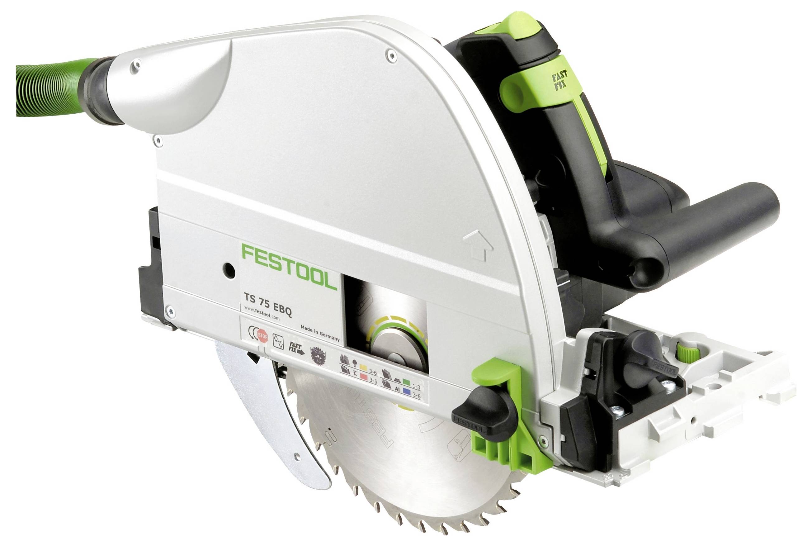 A Festool TS 75 EQ circular saw featuring ergonomic design, dust extraction port, and a precision blade, used for accurate cutting.