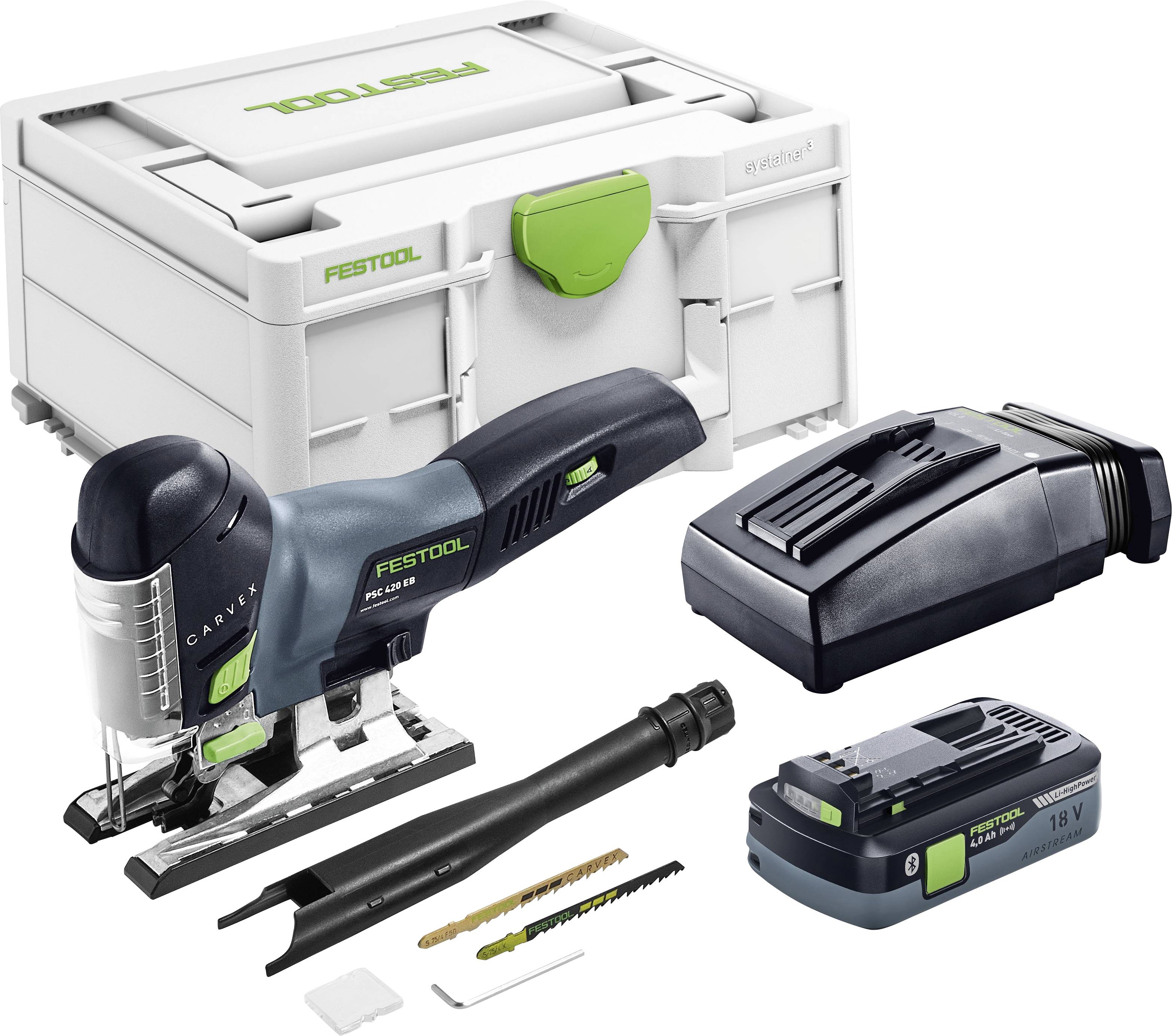 'Festool PSC 420' jigsaw kit with storage box, charger, battery, blades, and accessories for carpentry tasks.