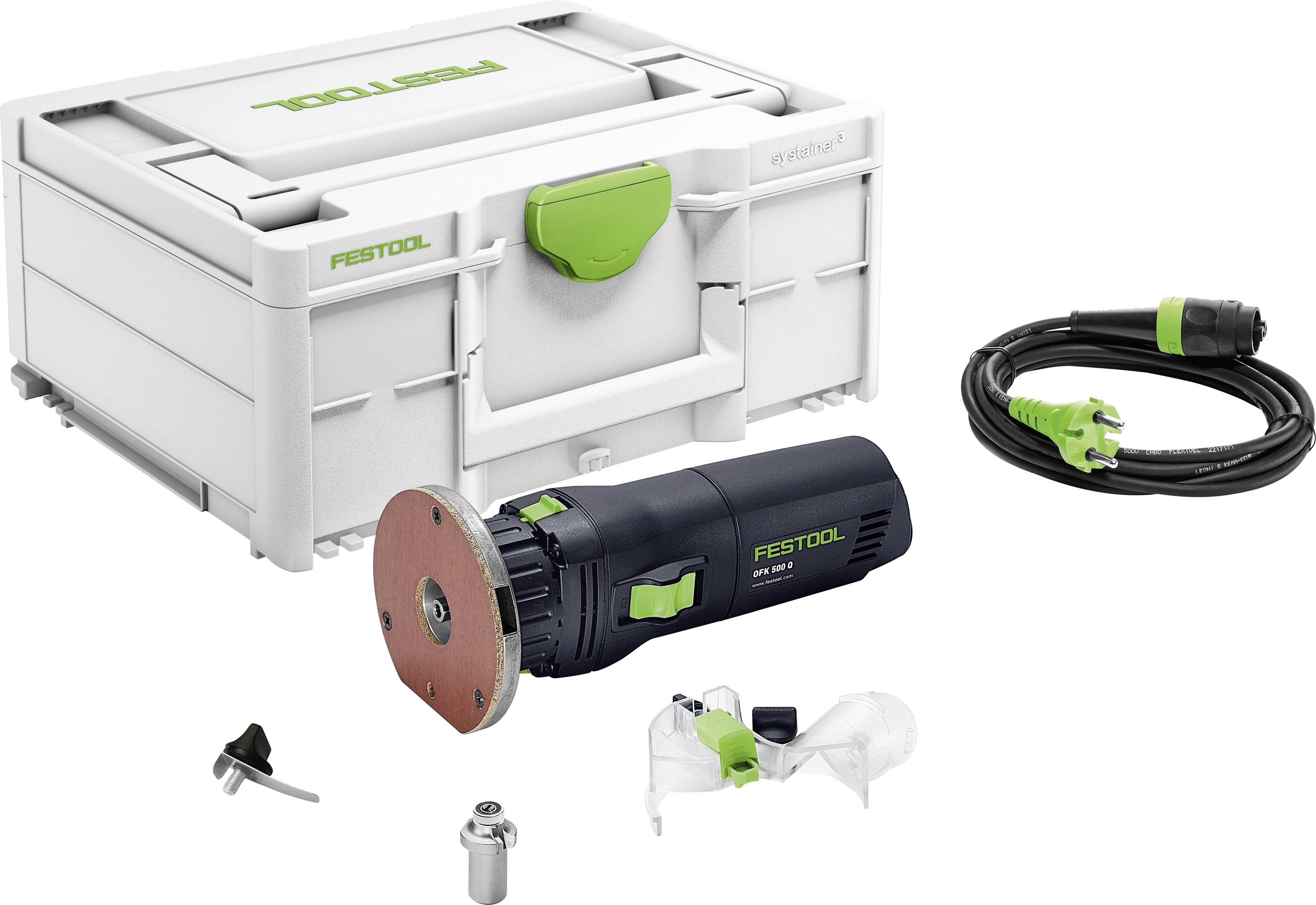 Festool DSC AG 125 FH cutting system with accessories, including a storage case, power tool, cable, blade attachment, and dust bag.