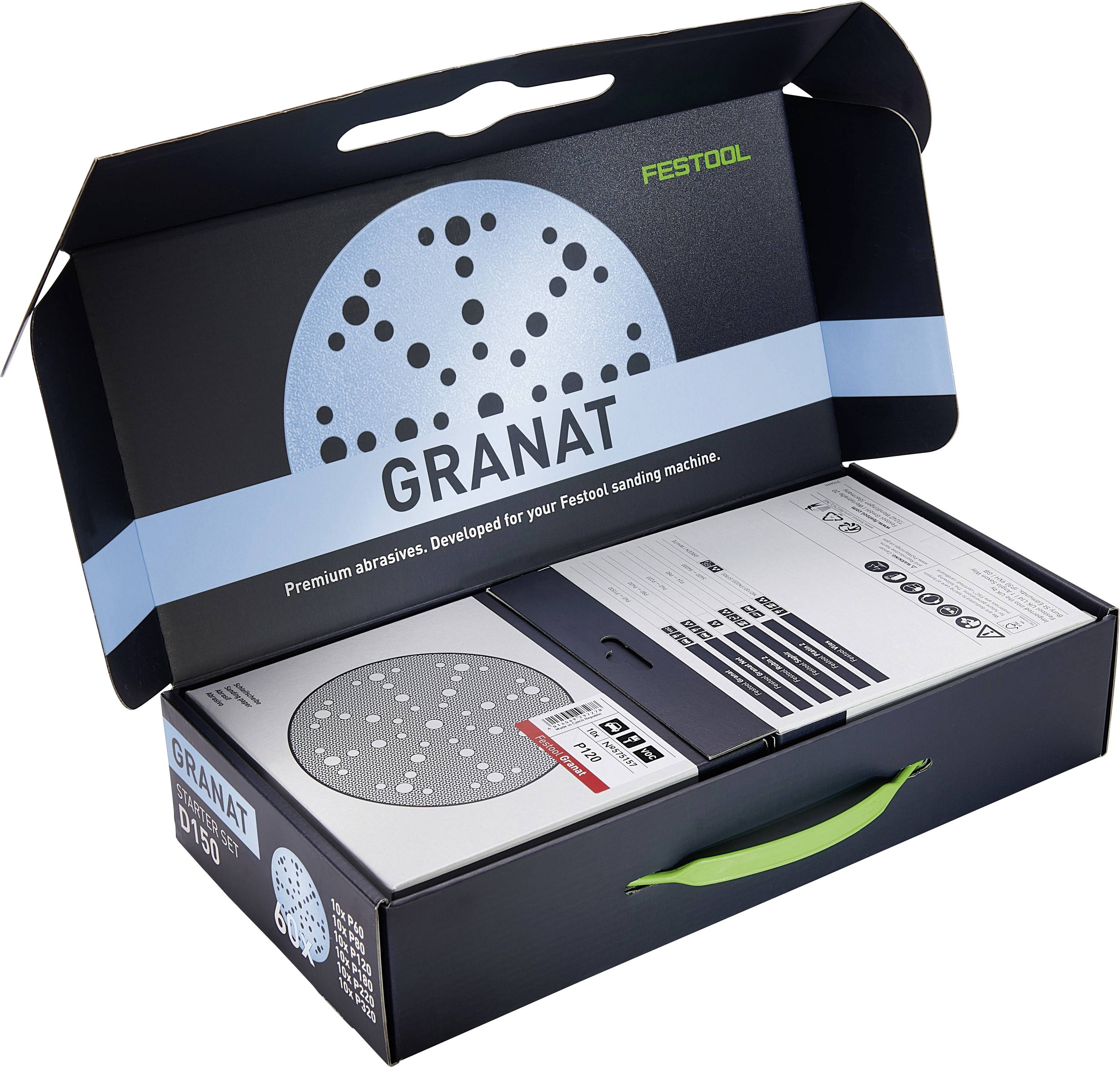 'Festool Granat' sanding discs, shown in a black box with blue accents. The box highlights product details for sanding machines.