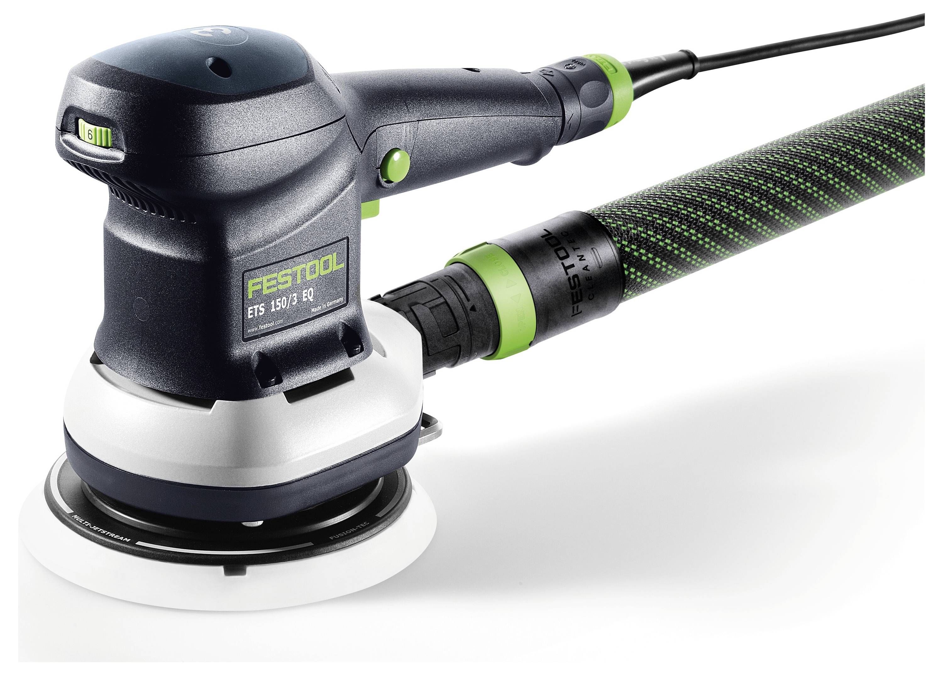 An electric orbital sander with a blue and green design labeled 'FESTOOL ETS 150/3 EQ'.