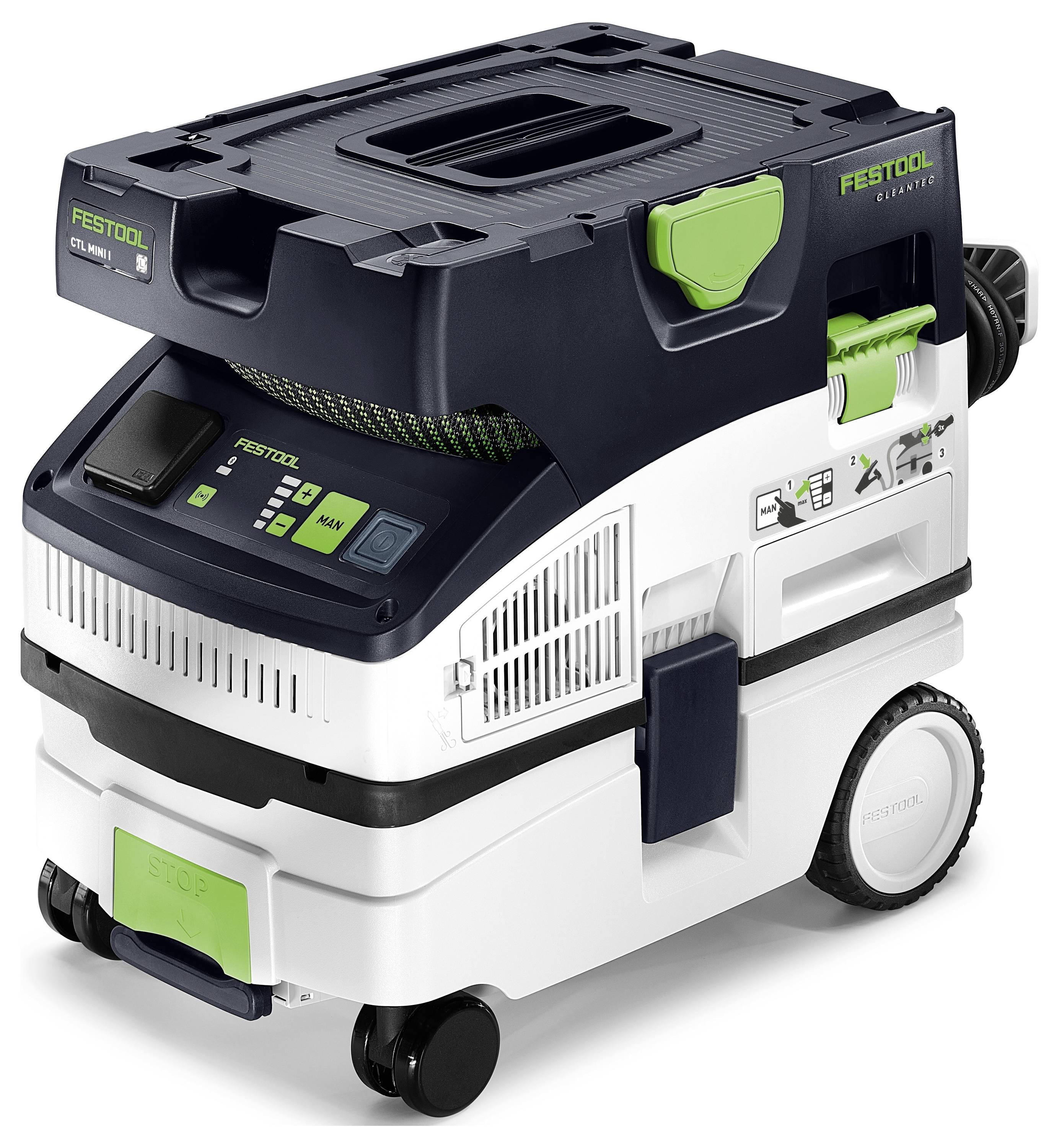 A compact, white and dark green Festool dust extractor with wheels, carrying handle, and various control buttons on its fascia.