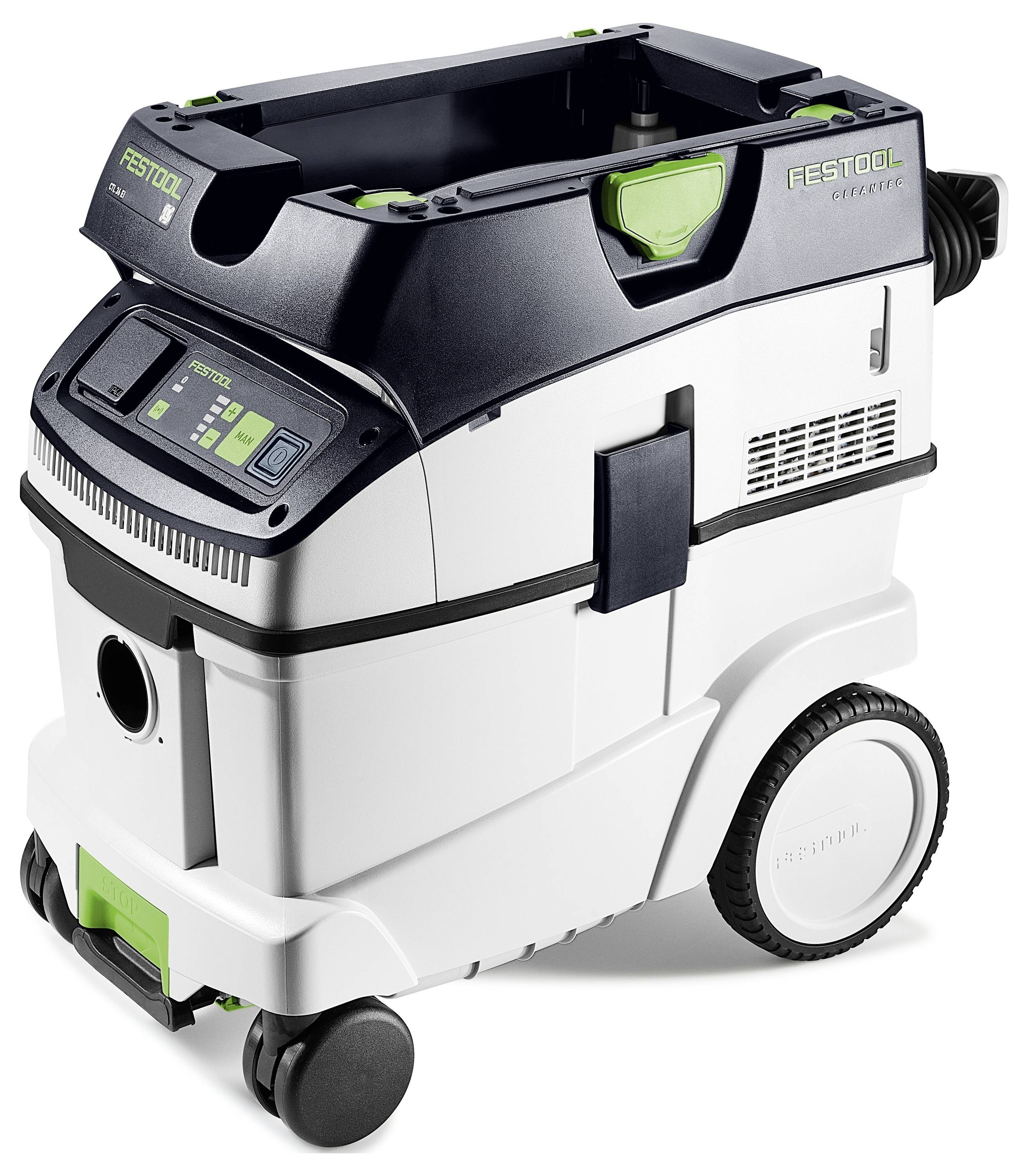 A white and black Festool CT 26 dust extractor with green accents, featuring wheels for mobility and a control panel on the top front.