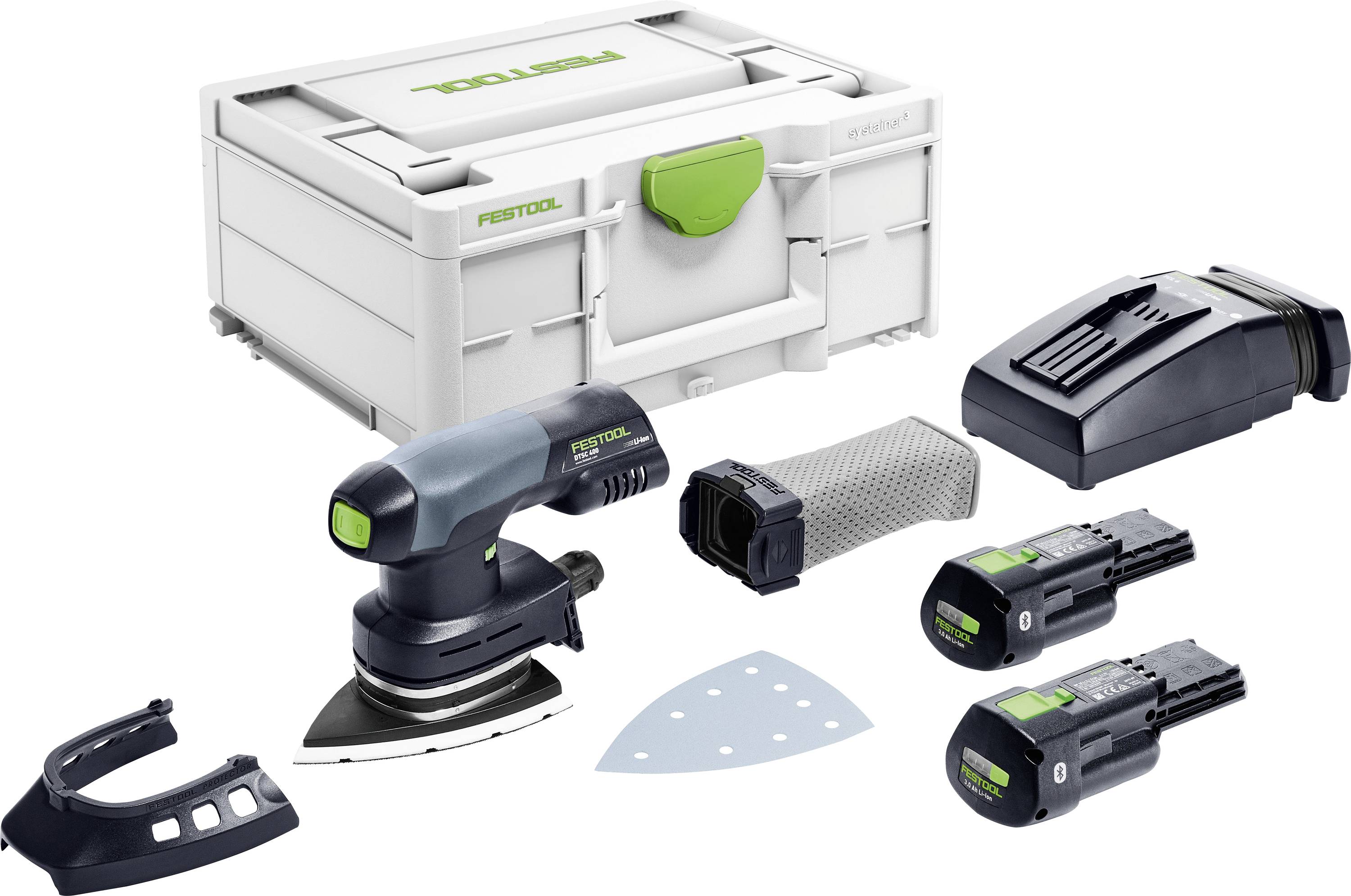 A power sander tool kit featuring a sander, two batteries, a charger, sanding pad, dust bag, and a storage case with the label 'Festool'.