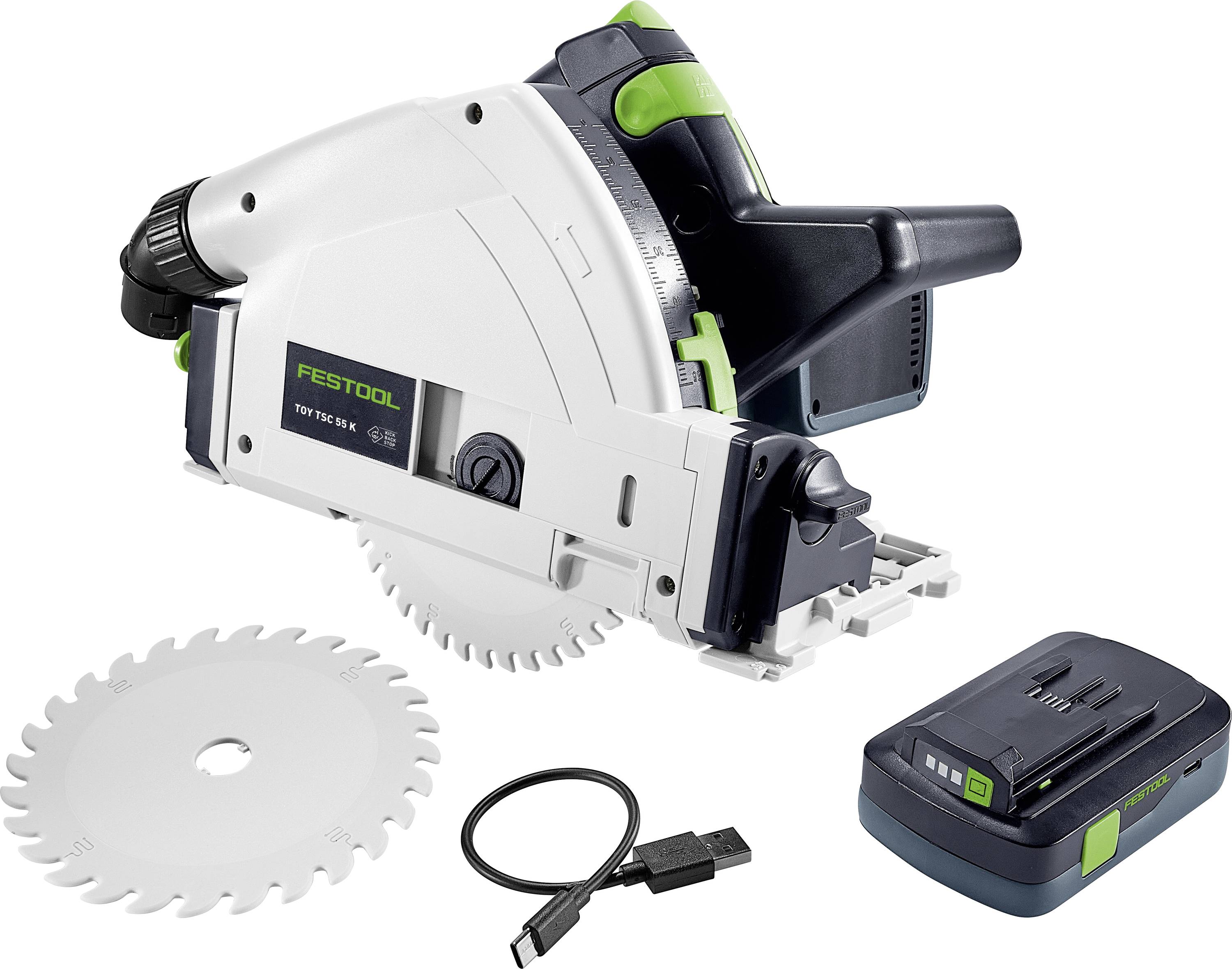 A power tool set featuring a white and green track saw with a spare blade, a battery, and a charging cable, suitable for precise cutting tasks.