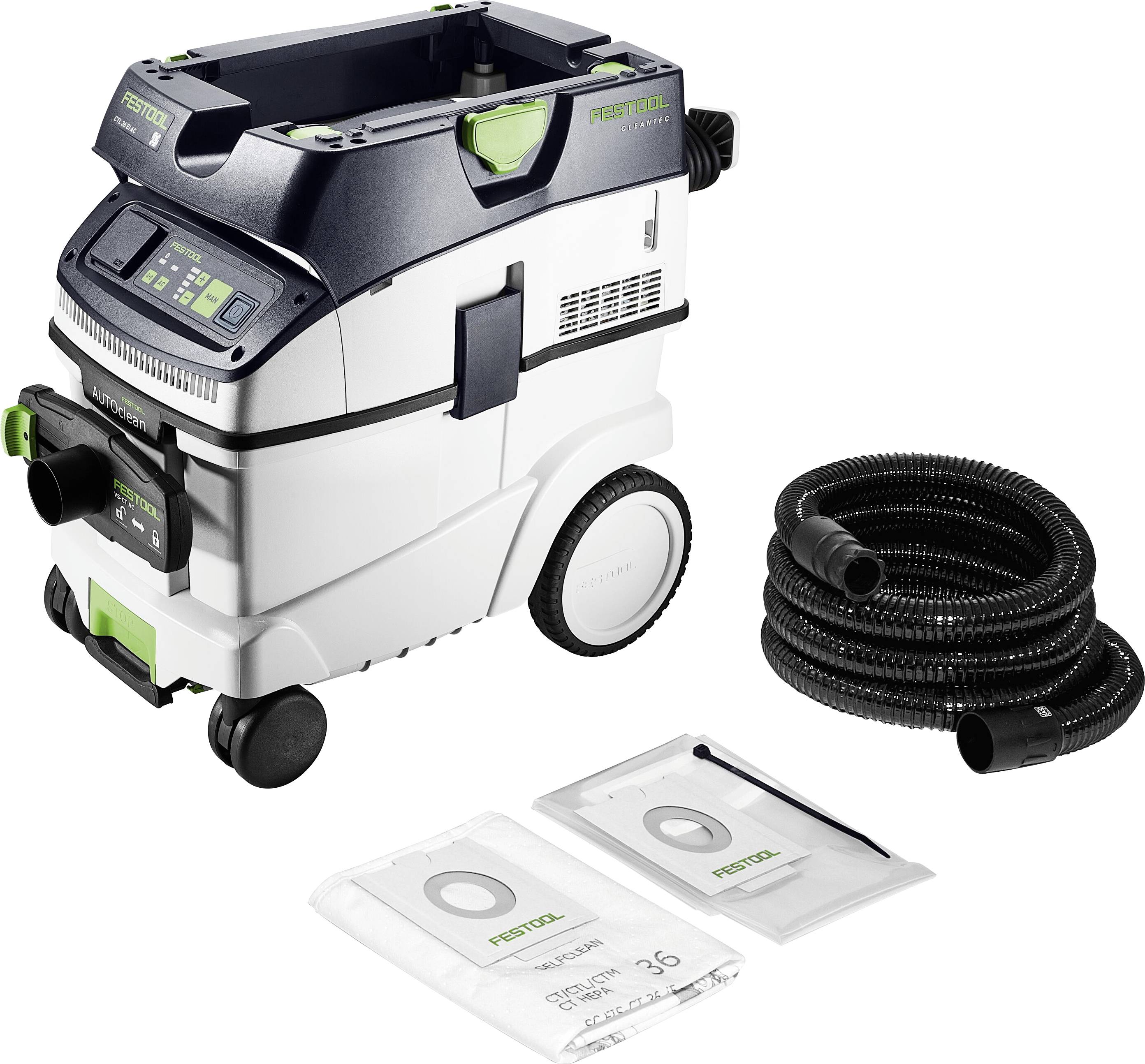 A Festool dust extractor with a hose and replacement bags. The extractor is compact with a digital display and wheels for mobility.