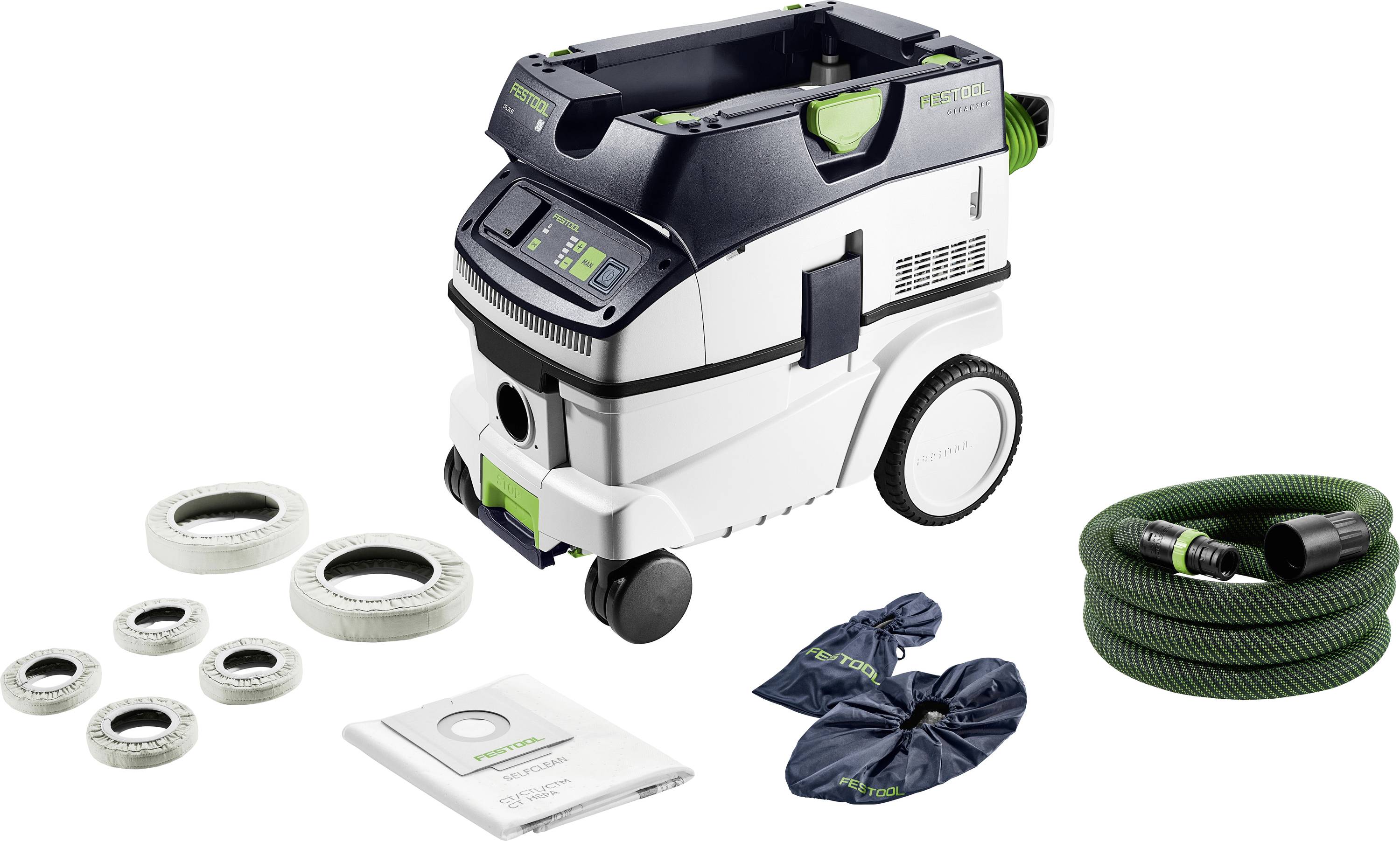 A portable dust extractor with wheels, digital control panel, various circular adapters, a green hose, and dust collection bags.