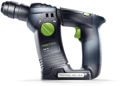 A black and green Festool BHC 18 EC-TEC cordless drill with a side handle, designed for precision and efficiency in woodworking.