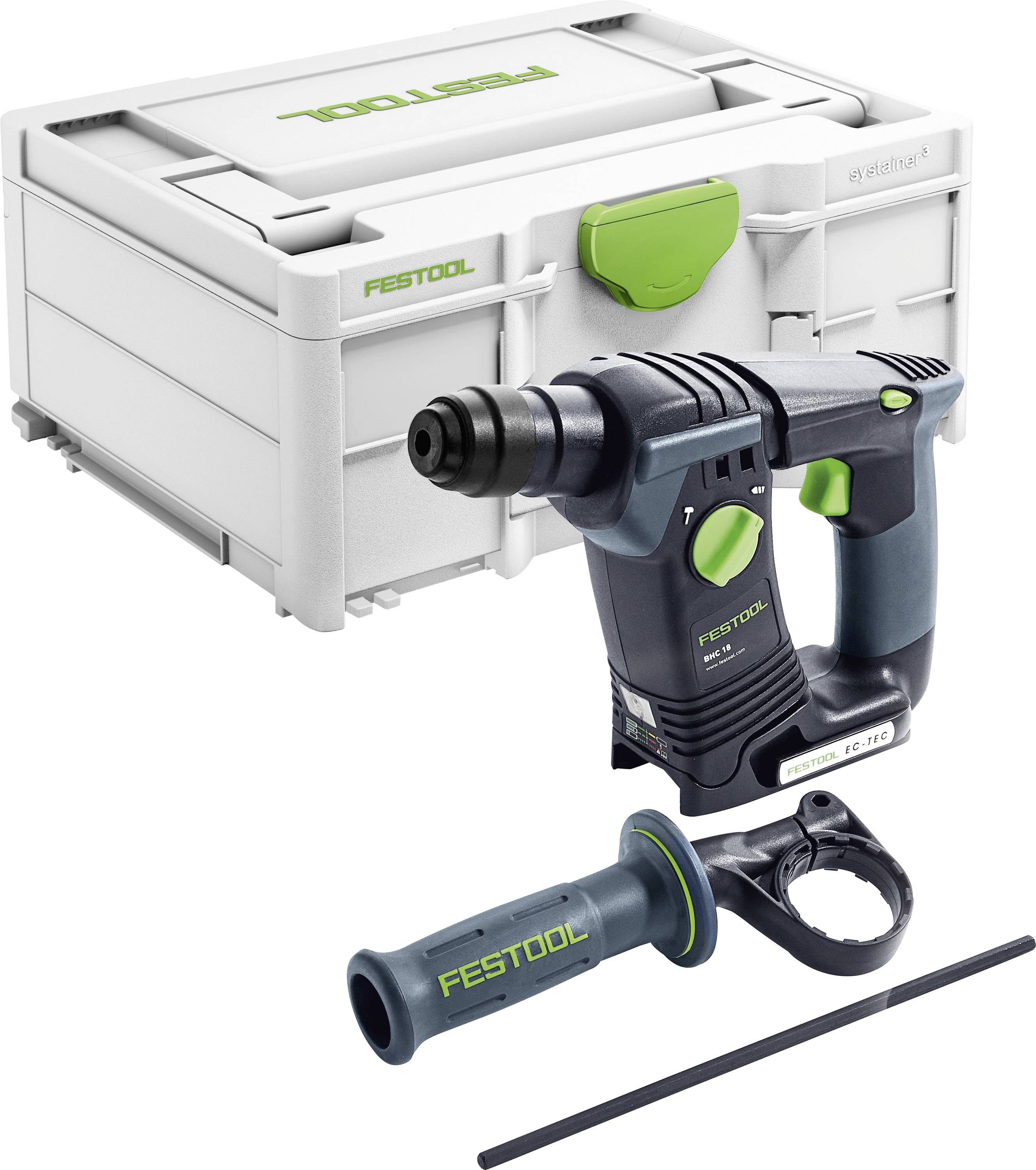 A blue and black Festool hammer drill with a green button and an auxiliary handle, positioned in front of a white tool storage box.