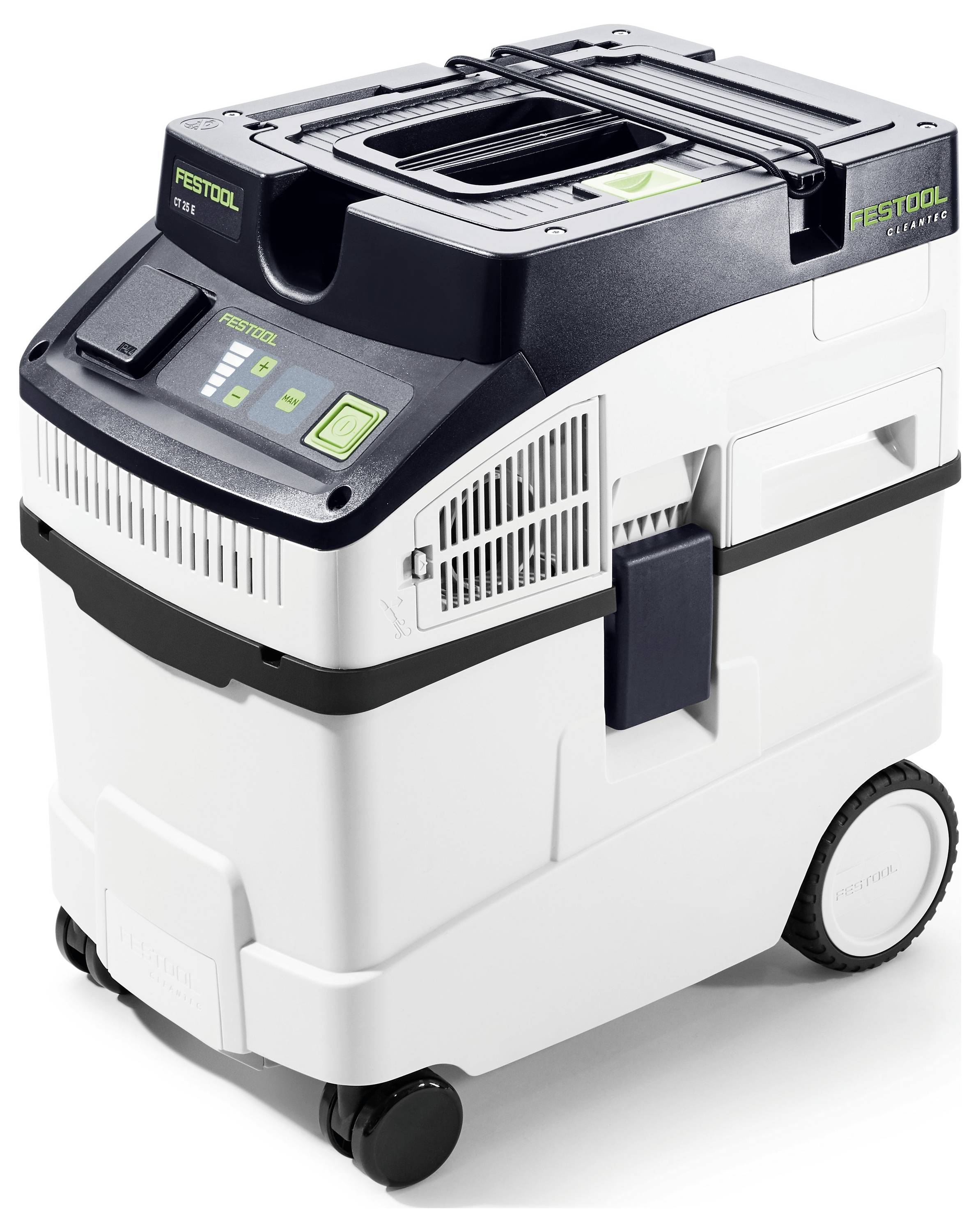 A white and black industrial vacuum cleaner on wheels, with a digital display and control buttons on top, designed for workshop use.