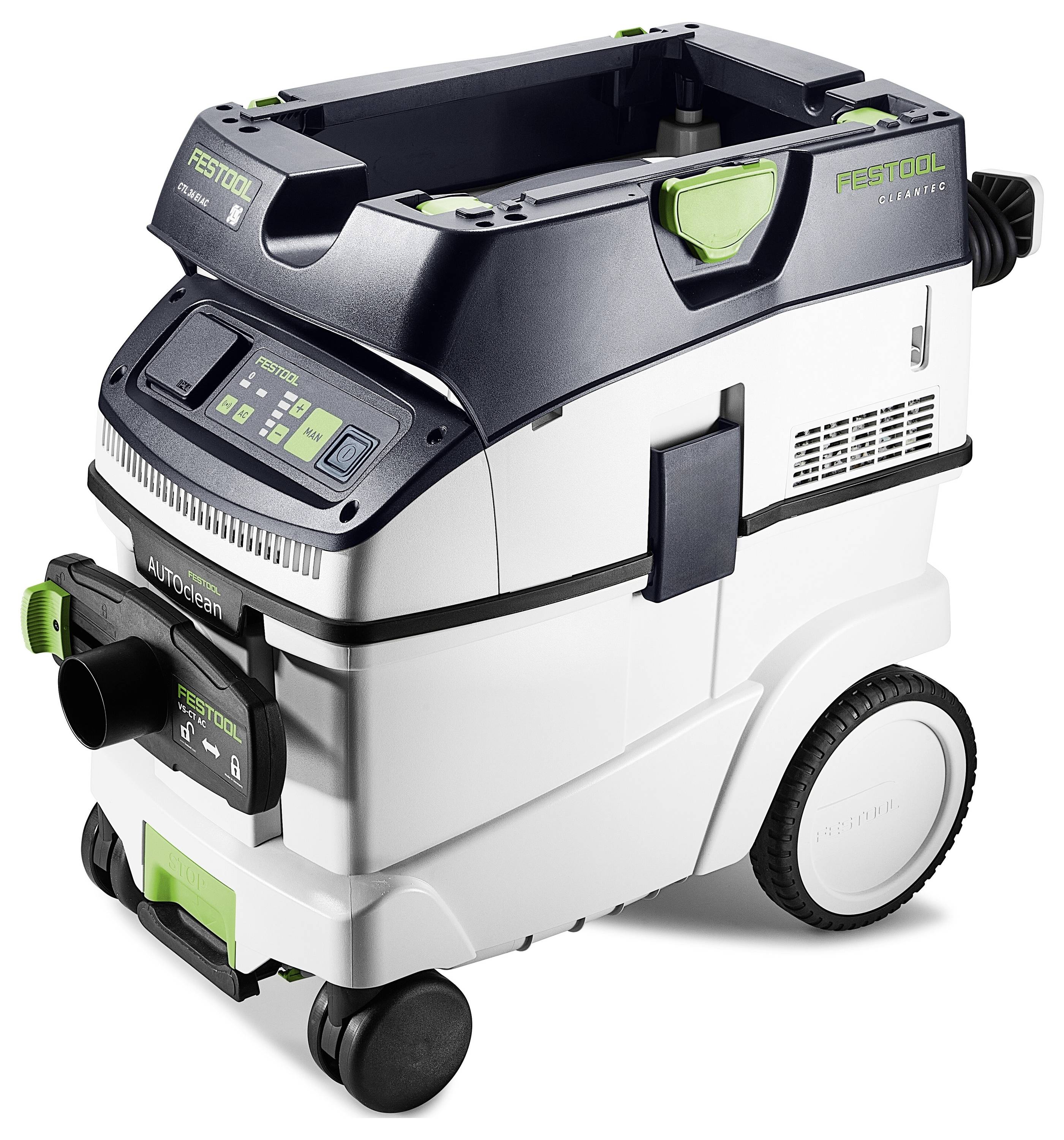 A compact, wheeled vacuum cleaner with a digital display panel, various controls, and a hose connector, designed for efficient dust extraction.