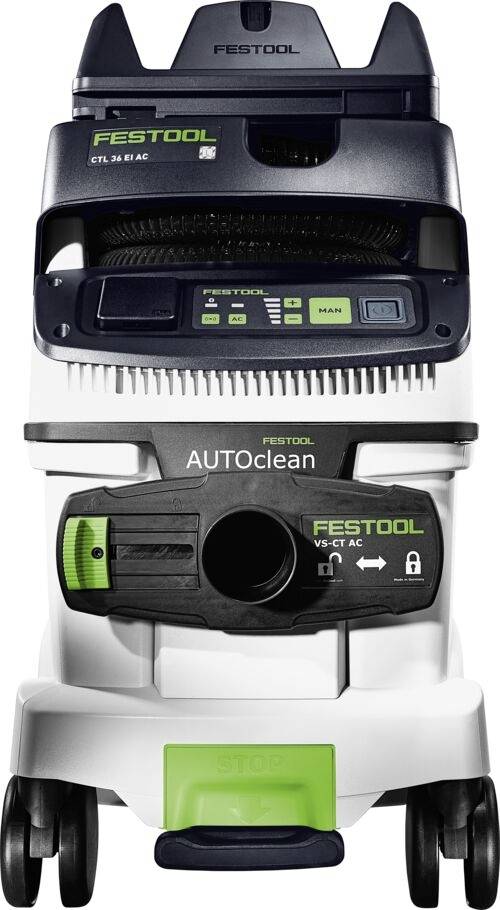 'Festool AUTOClean' mobile dust extractor with digital panel and filter cleaning system, featuring robust wheels for easy maneuverability.