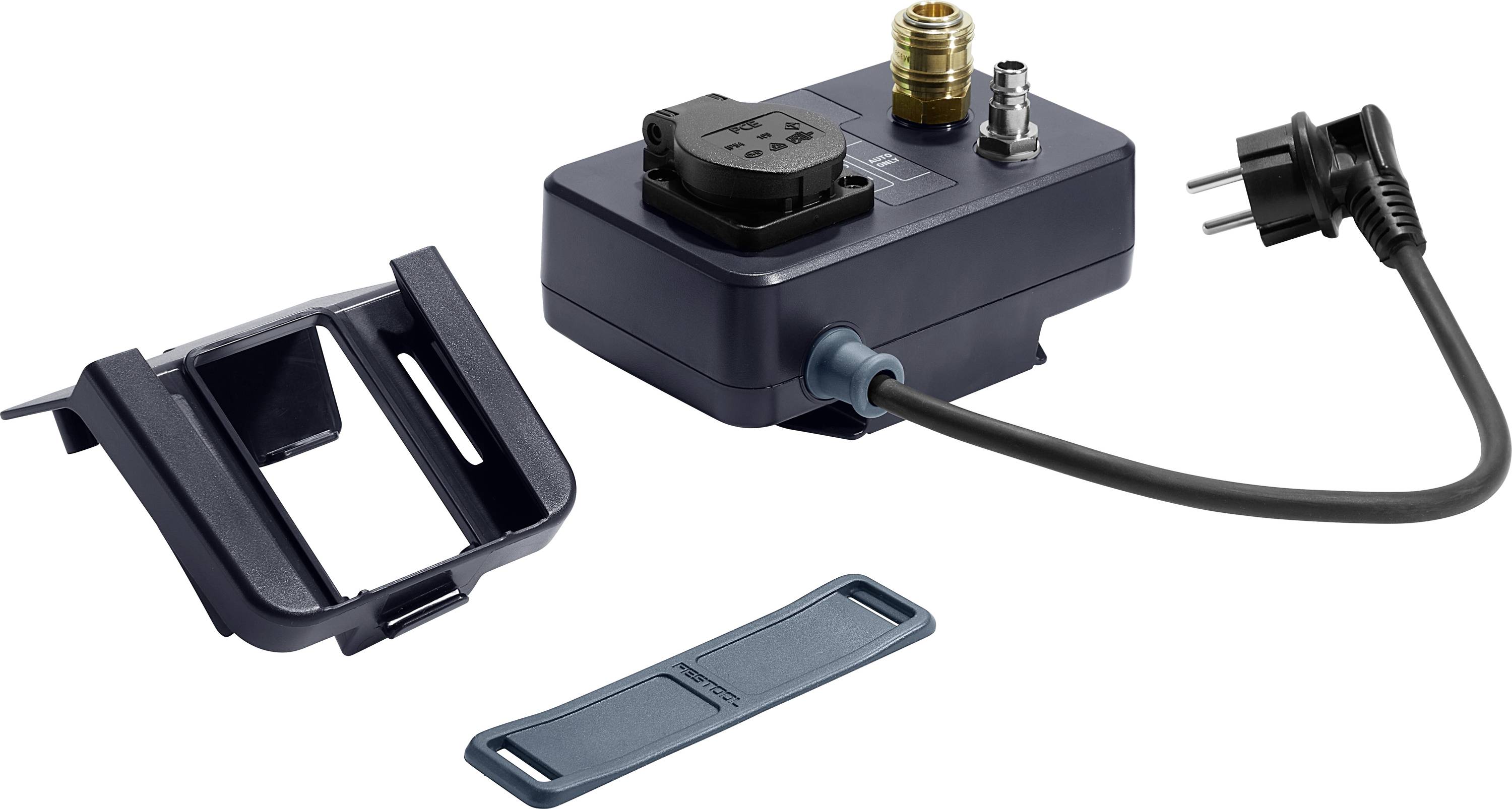 Electrical adapter set with plug, connection ports, and mounting bracket, used for home appliance installations.