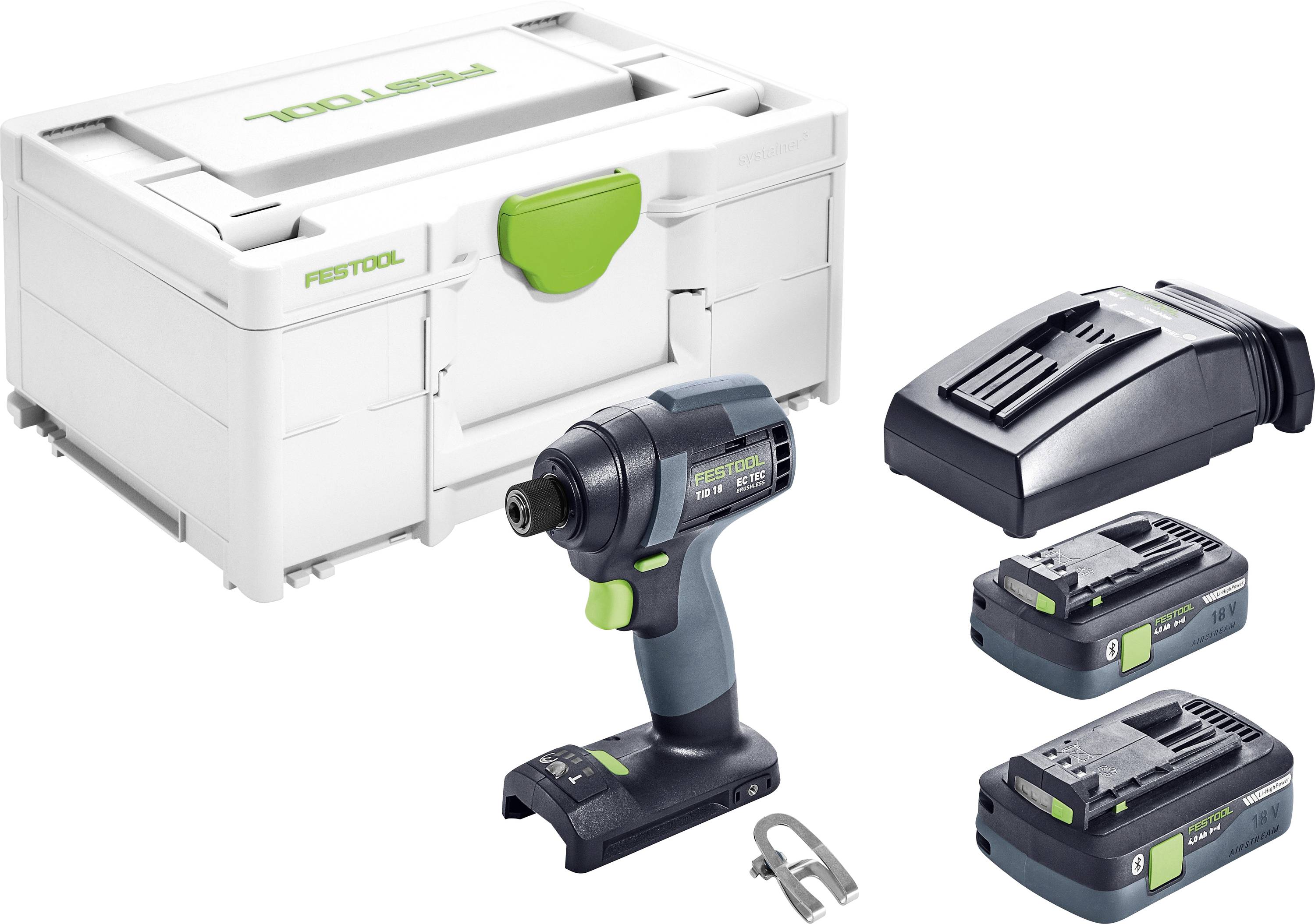 A set of power tools includes a cordless impact driver, battery charger, two batteries, and a storage case, with brand logo visible.