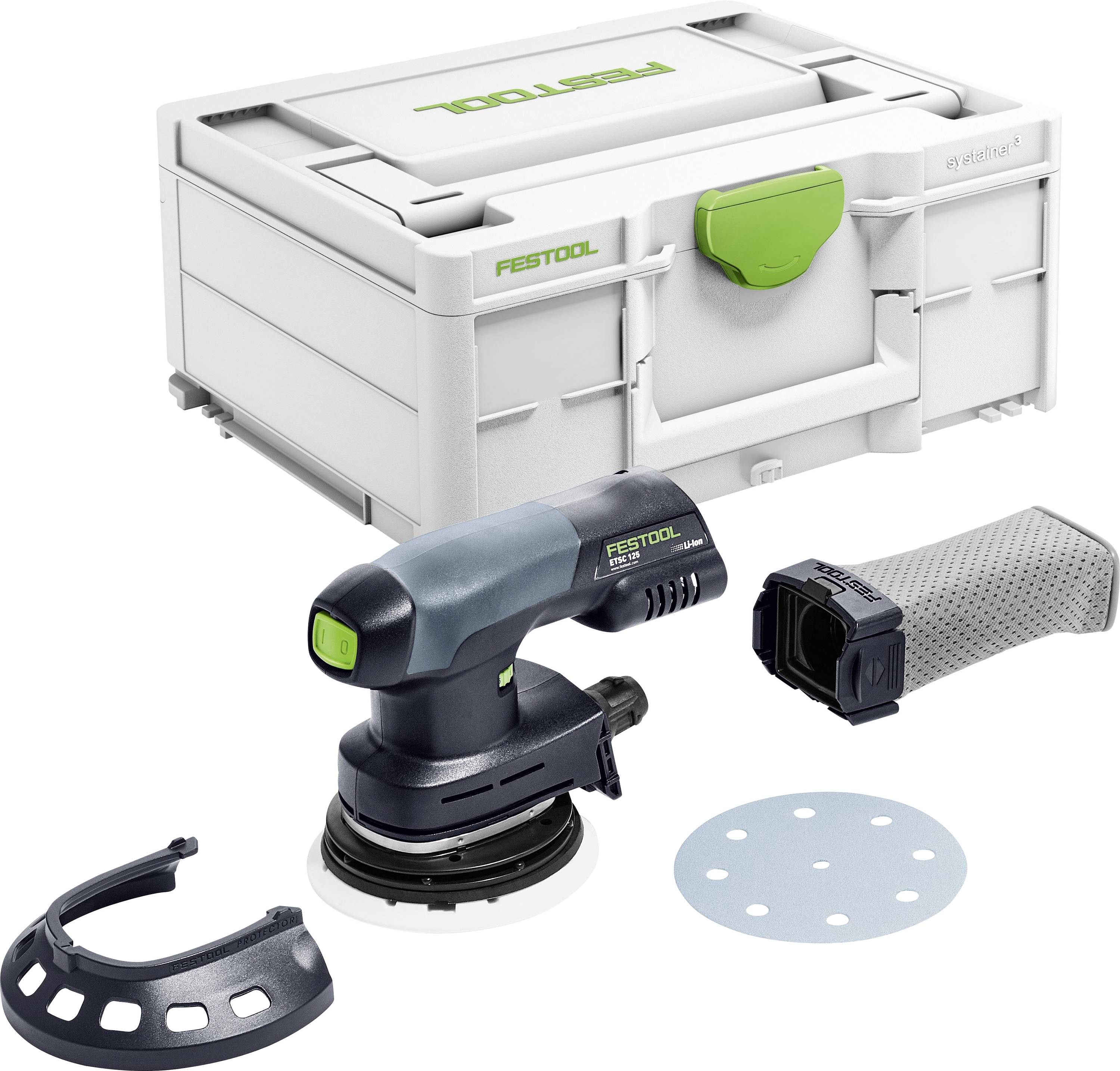 A compact electric sander with various attachments is displayed in front of a gray and green storage case.