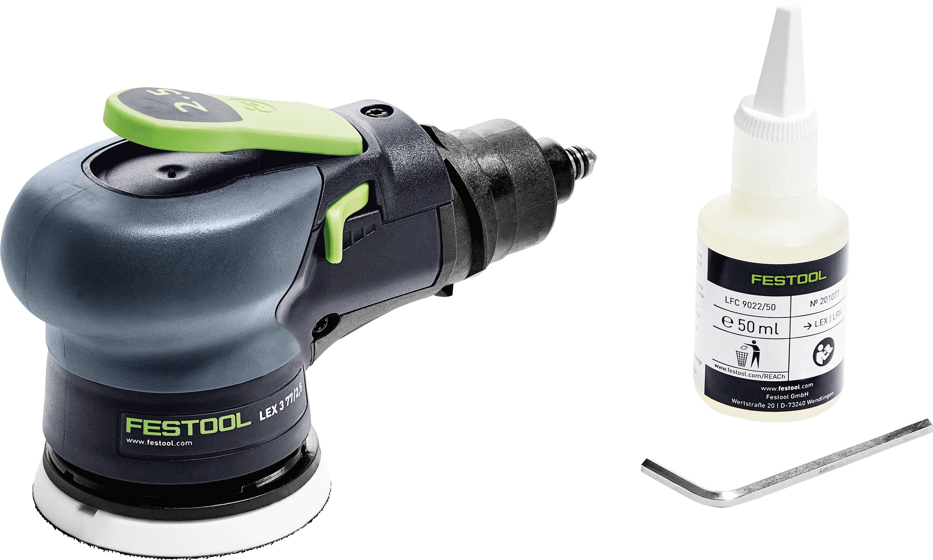 A Festool sanding tool with a bottle of lubricant and an Allen wrench on a white background.