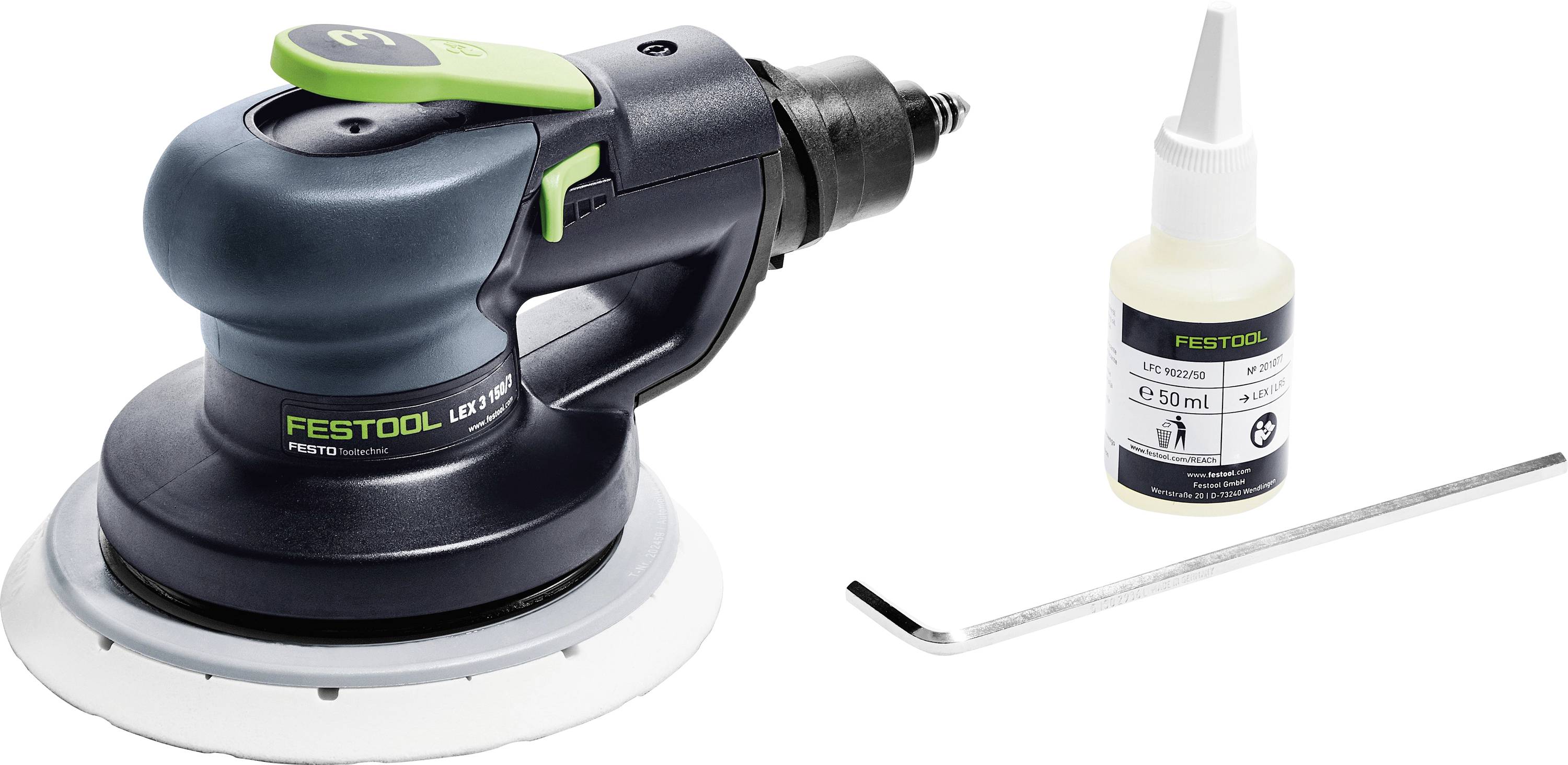 Image of a Festool orbital sander next to a bottle of lubricant and an Allen wrench, showcasing tools for sanding and tool maintenance.