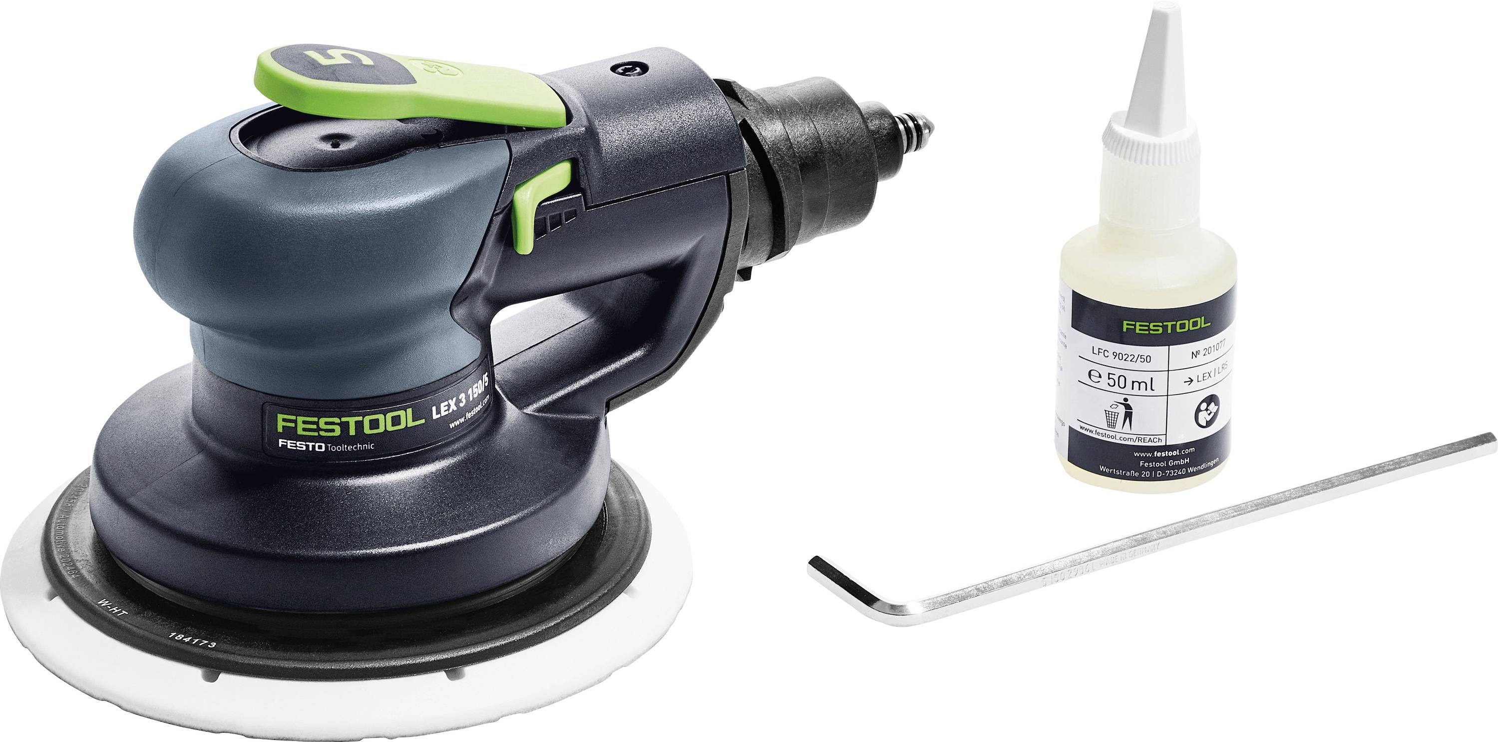 Orbital sander and 50 ml lubricant bottle with an Allen wrench, Festool branding visible on both items.