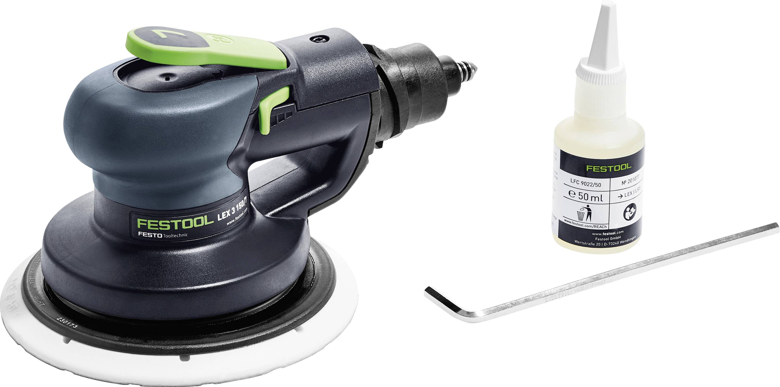 A sander tool with a green button and Festool branding is beside a 50 ml bottle of lubricant and an L-shaped hex key.