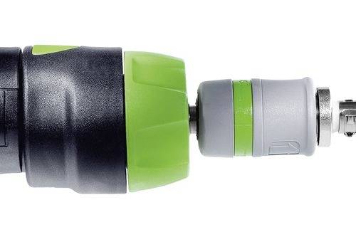 A close-up of a black and green drill chuck attached to a grey and green drill bit adapter against a white background.