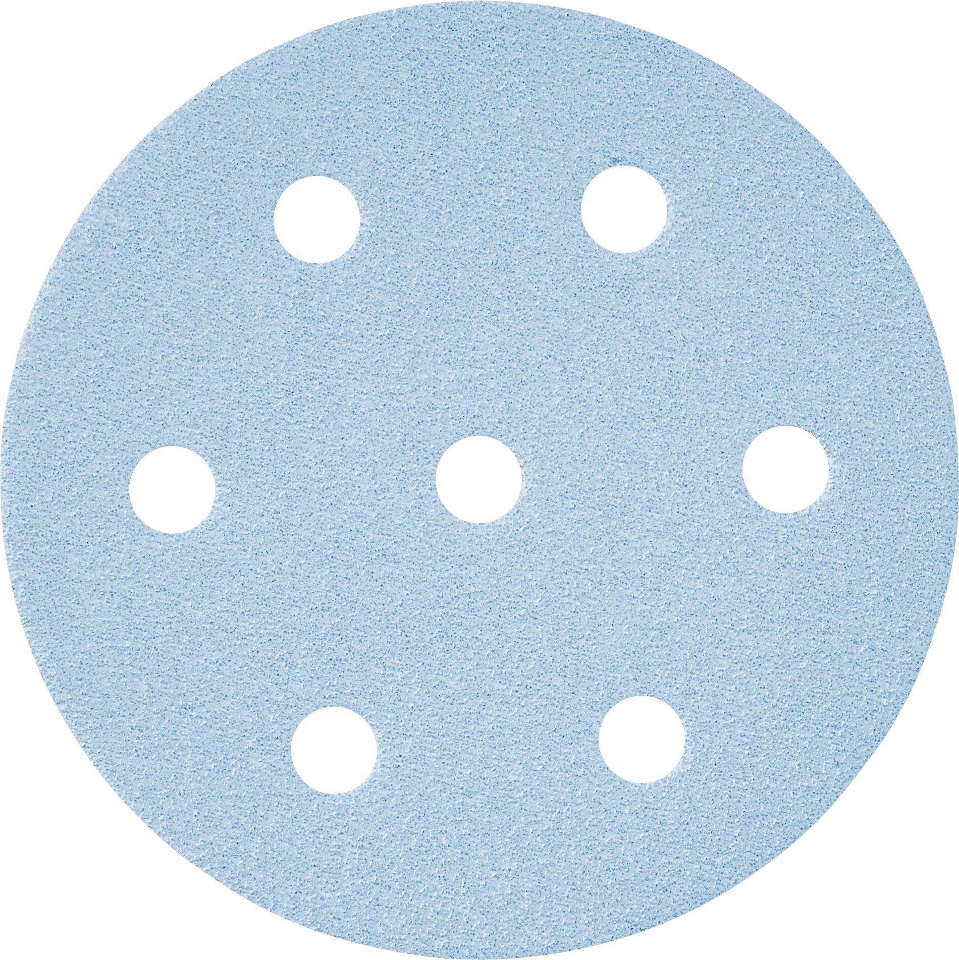 A blue circular sandpaper disc with multiple holes arranged symmetrically, used for power sanders.