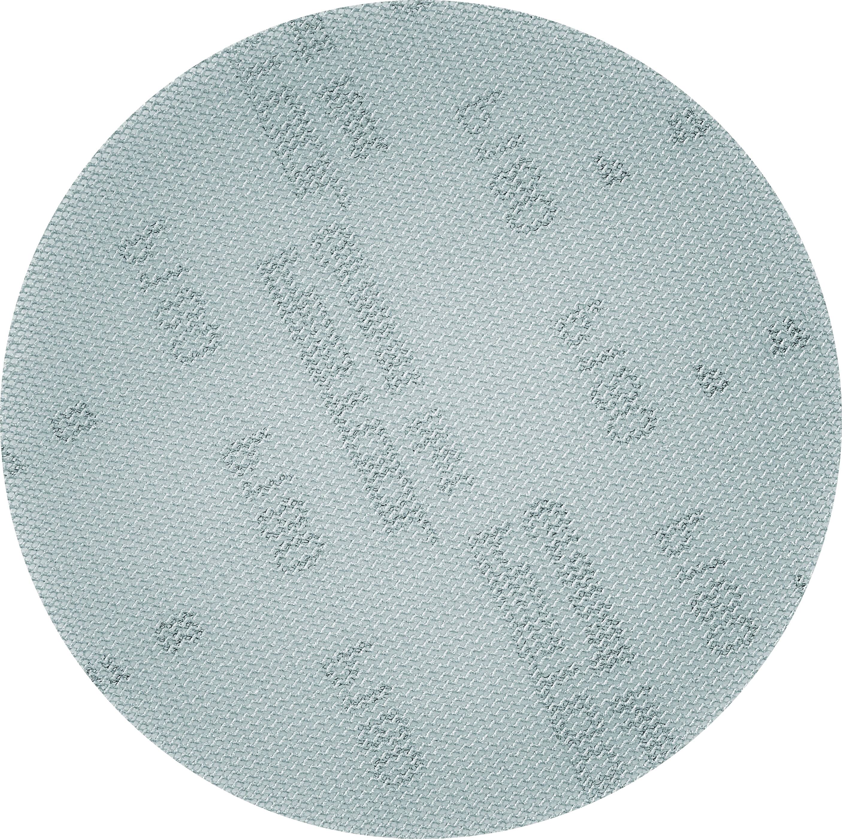 A gray-blue circular sandpaper sheet with visible grit texture and faint printed text, used for smoothing surfaces in woodworking or metalwork.