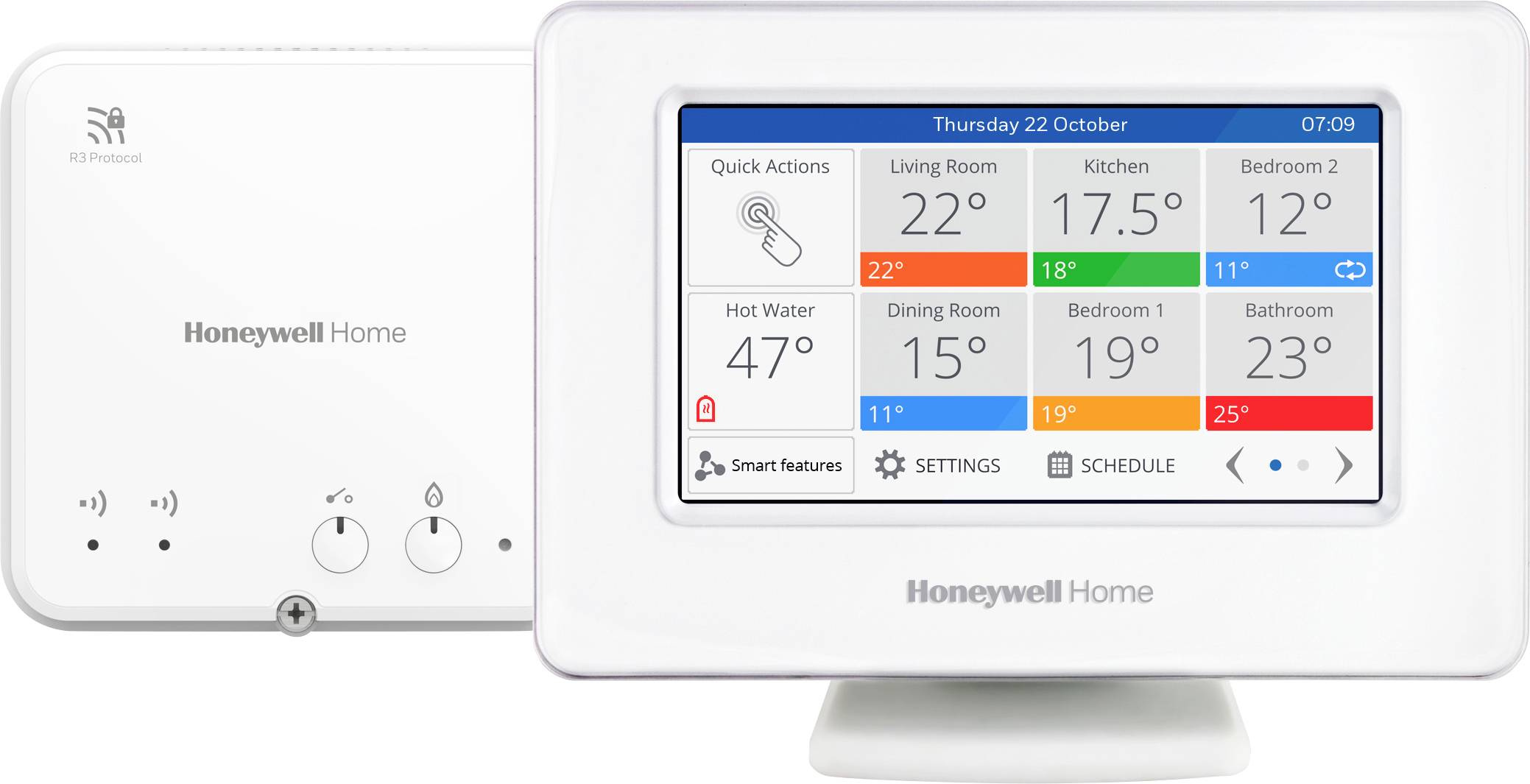 Honeywell Home thermostat display. Shows quick actions for living room, kitchen, bedrooms; temperature readings like 22° for living room, 17.5° for kitchen. Settings and schedule options visible.