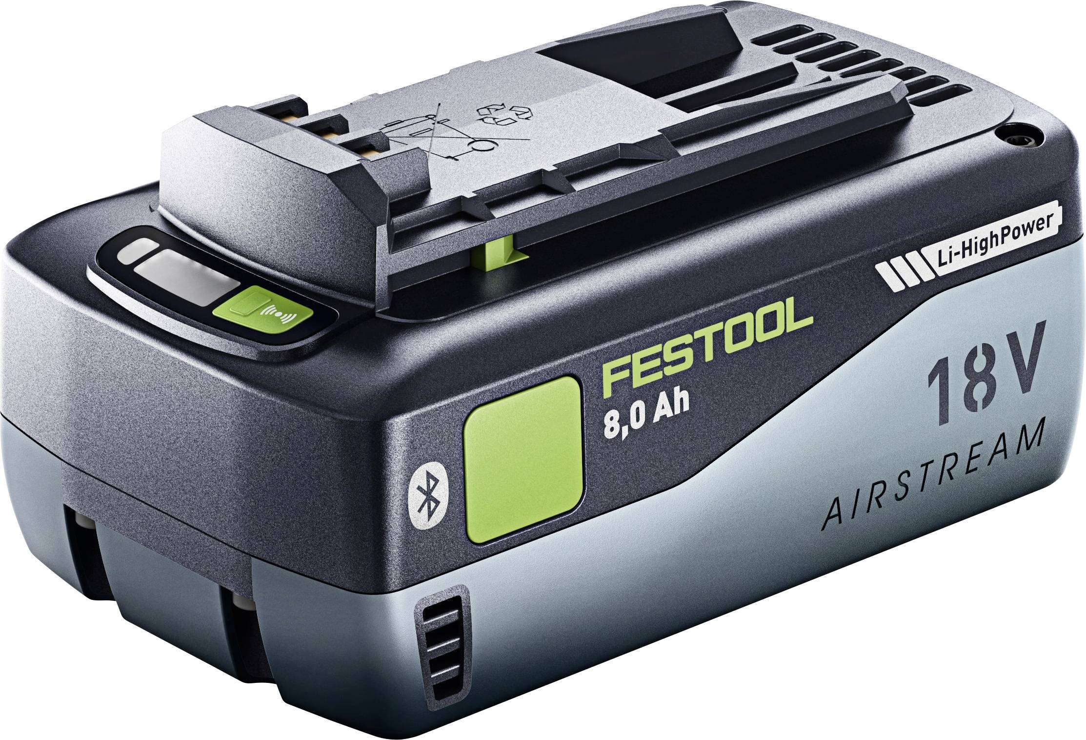 A Festool 18V battery with 8.0 Ah capacity, featuring AIRSTREAM technology and a Bluetooth indicator, designed for power tools.