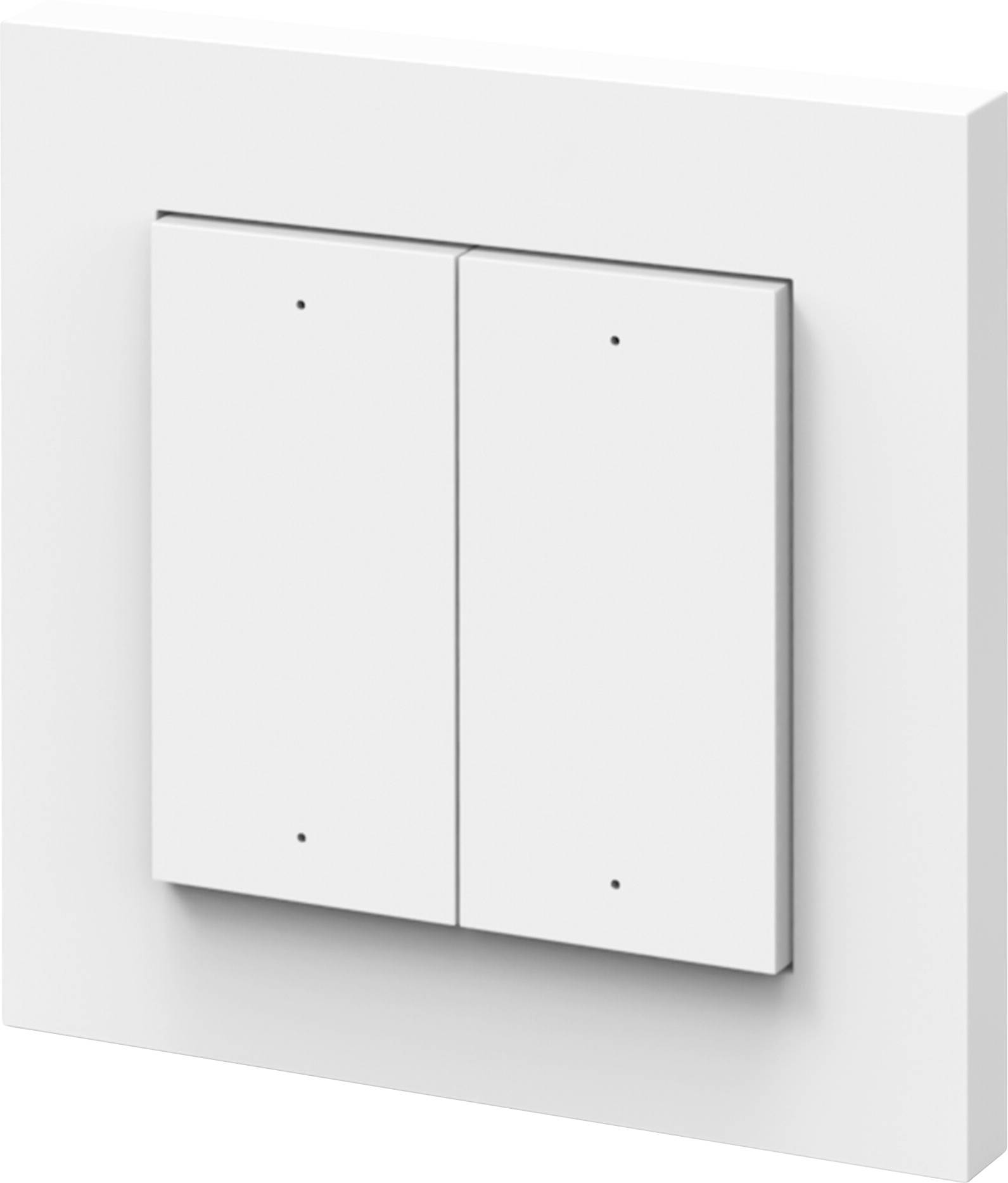 A pair of white, rectangular light switches on a white wall, slightly protruding. The design is minimalistic and modern.