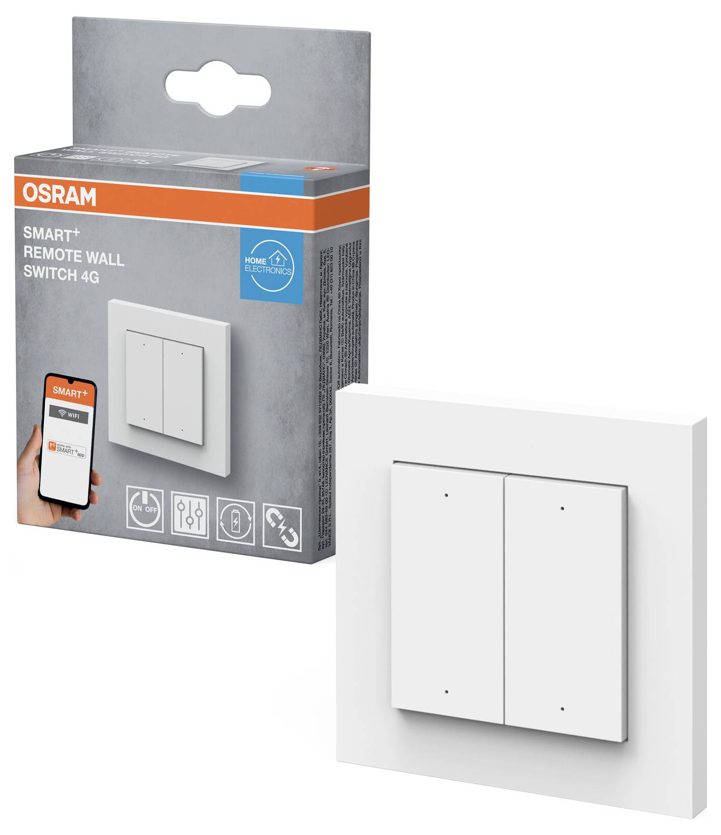 Box and product image of the Osram Smart+ Remote Wall Switch 4G. The packaging highlights compatibility with smart devices.